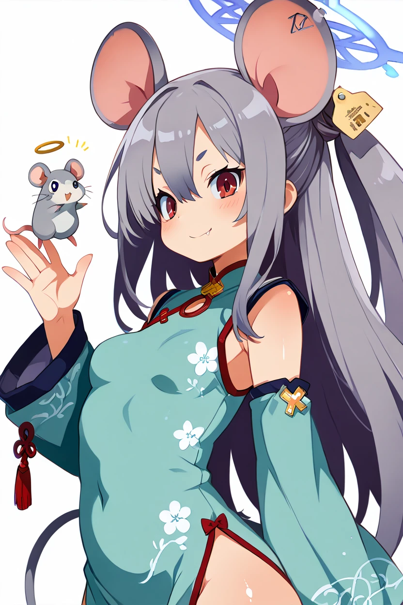 masterpiece, best quality, solo, curvy, beautiful eyes, zzSaya, animal ears, mouse ears, long hair, red eyes, grey hair, halo, mouse tail, mouse girl, tail, fang, china dress, ear tag, solo, blue dress, detached sleeves, mouse, bow  ,<lora:SayaBluearchiveIXL:1.0>, upper body, side view, smile, looking at viewer, shiny skin,<lora:HaradaTakehitoIXL_v3:1.3>, <lora:ZankuroIXLLight_v2:0.6>,