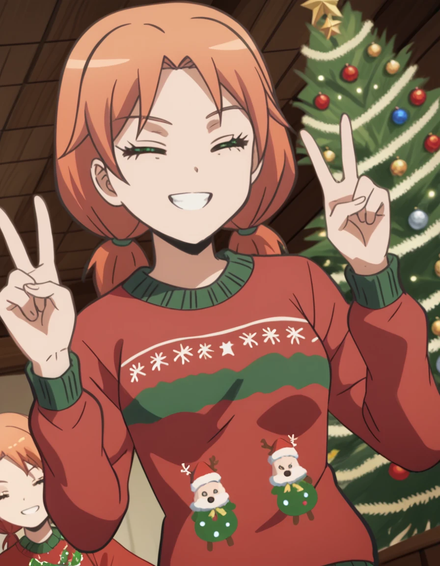 score_9, score_8_up, score_7_up, source_anime, <lora:rinka-hayami-s1s2-ponyxl-lora-nochekaiser:1>, rinka hayami, twintails, green eyes, orange hair, medium breasts, anime screencap,, <lora:christmas-sweater-ponyxl-lora-nochekaiser:1>, christmas sweater, christmas, ugly sweater, print sweater, red sweater, christmas tree, christmas ornaments, sweater, multicolored sweater, , v, smile, hands up, teeth, closed eyes, cowboy shot,, , dutch angle, cowboy shot