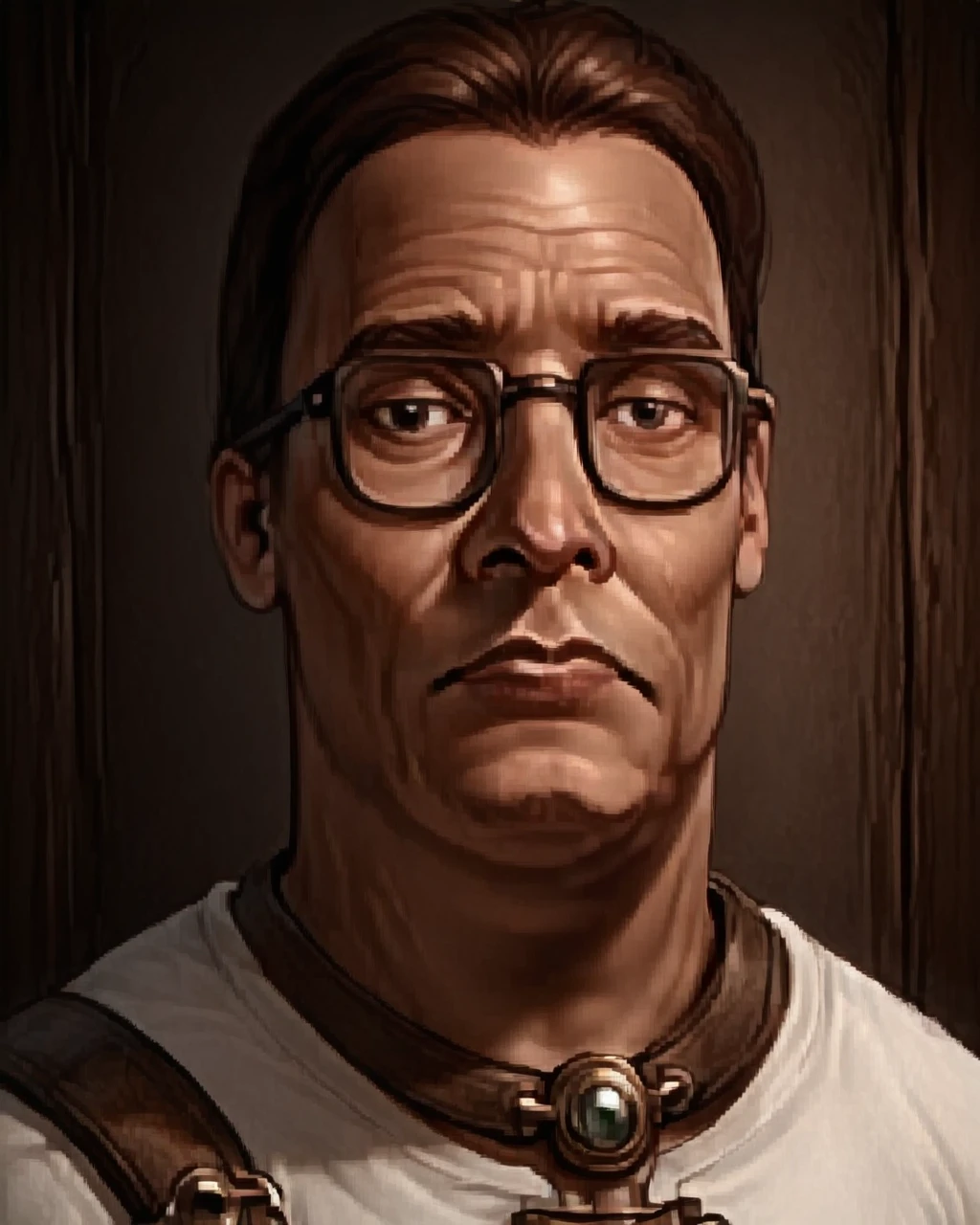 <lora:Illustrious_-_Baldurs_Gate_I_-_Portraits_-_1998:1.0> baldur's gate official portrait, character, solo,   <lora:hankhill_pd:1> hankhillpd, glasses, brown hair, white t-shirt, jeans, belt, wrtistwatch, brown footwear, mature male, male focus, black eyes,