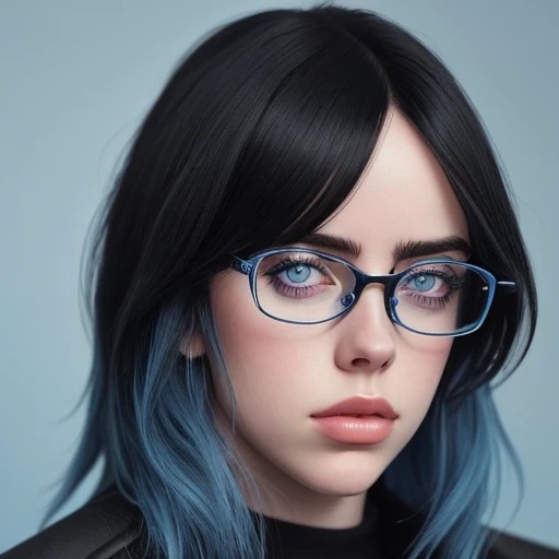 <lora:Billie_Eilish:0.5>, 1girl, Billie Eilish, black hair, fluffy hair, light  blue eyes, square glasses
realistic, photo, sharp, graphic , photo realistic, realism, detailed, detailed eyes, detailed face, score_7_up, score_8_up, score_9_up, best quality