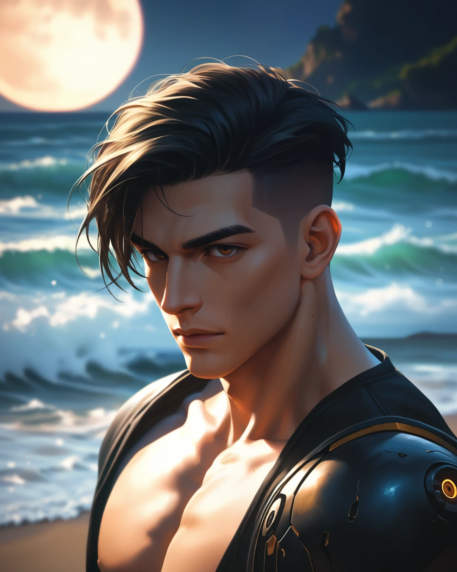 (zPDXL2), (artwork:1.2), (best quality:1.2), (high resolution:1.2) cyberjackie, 1 boy, alone, black hair, brown eyes, undercut, mechanical parts, muscular, moonlit beach, midnight, serene and charming with the soft glow of the moon on the waves Glamour Shots_PDXL
