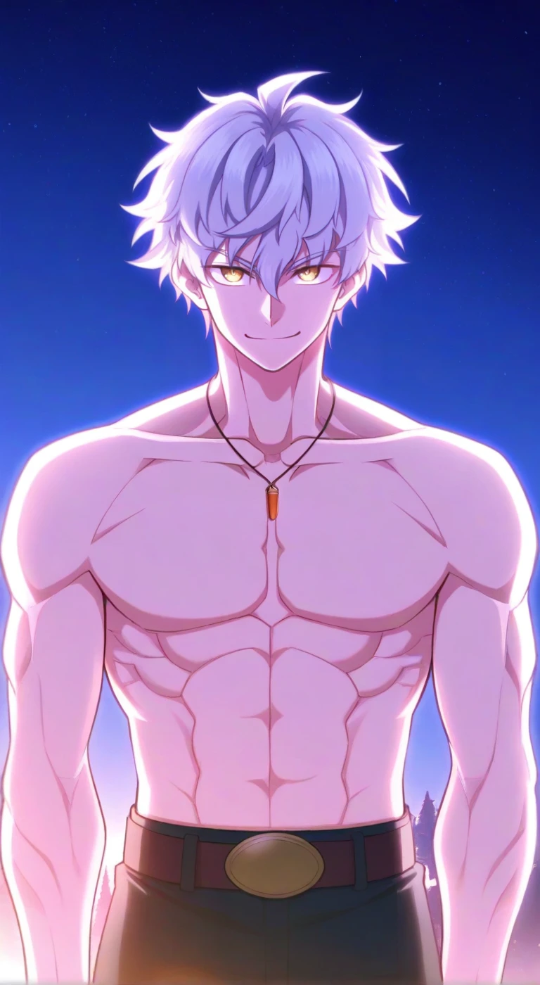 a boy  muscular  with short white hair and black highlights and blue eyes, without any clothes, sucking a penis and moaning with pleasure 