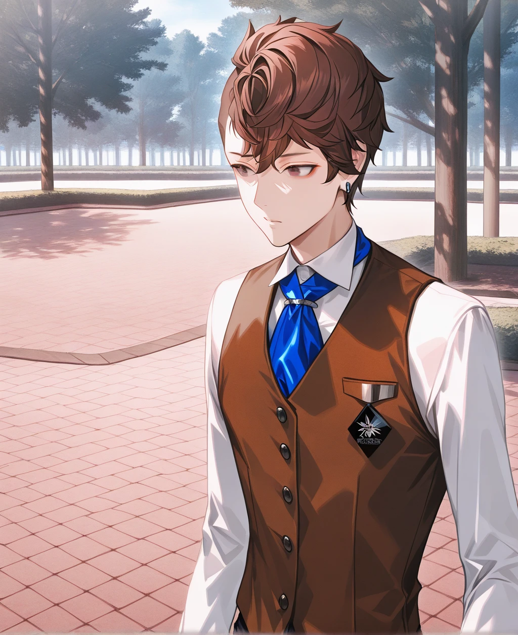 artist:gomzi,artist:wanke,artist:diyokama, rei_(sanbonzakura),[[artist:fuzichoco]],year 2023, 
1boy, solo,
biwasaka eiji, brown eyes, brown hair, asymmetrical hair, earrings, white shirt, blue necktie, brown vest, 
upper body, park, 