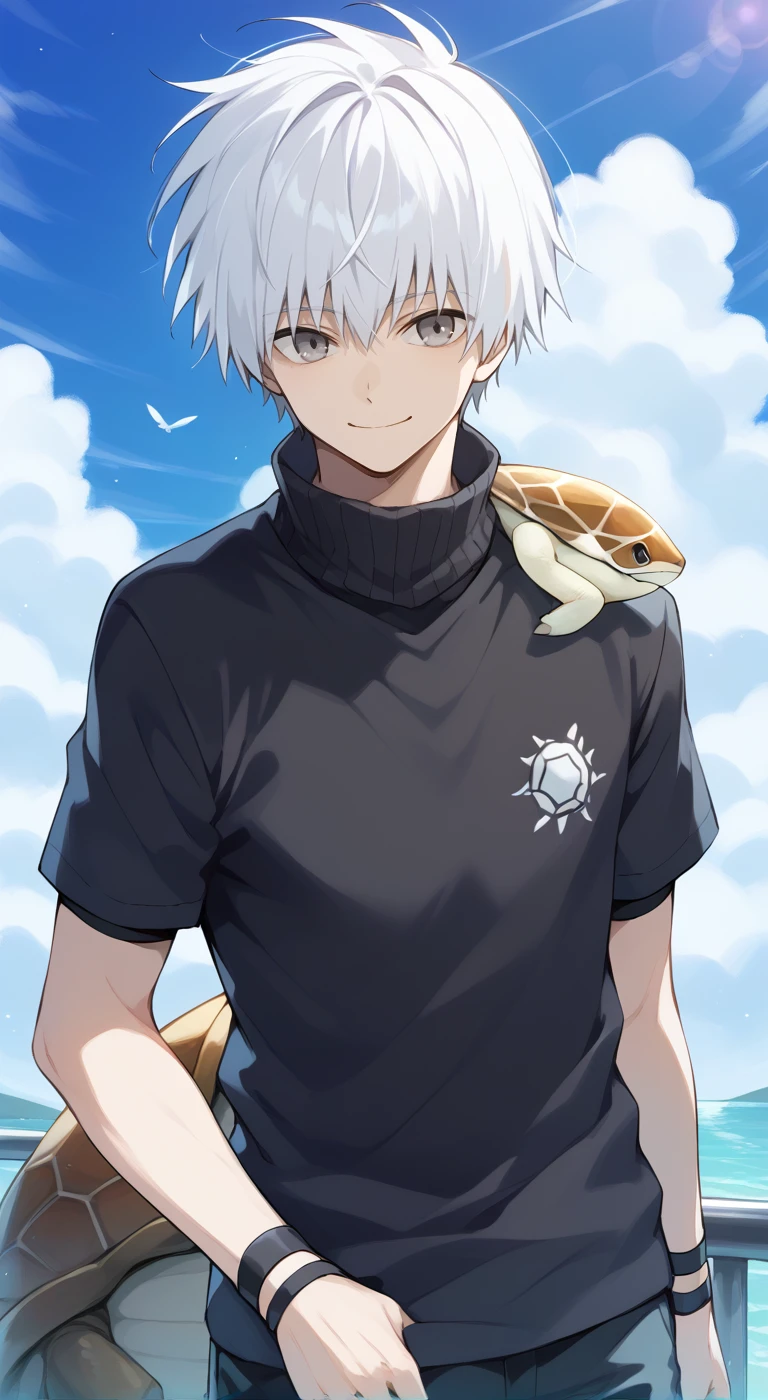 1boy,solo,male focus,kaneki,kaneki ken,white hair,short hair,grey eyes,smile,turtle_neck,black sweater,upper_body