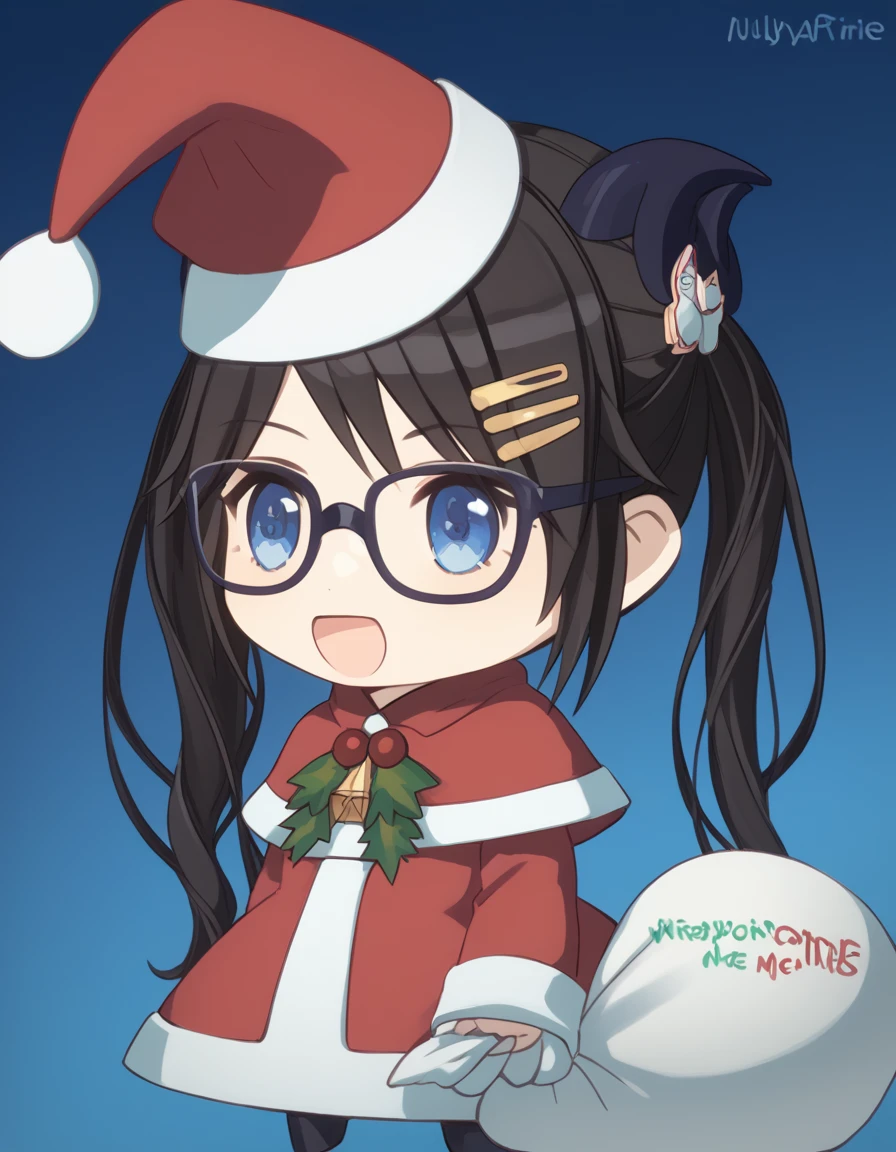 score_9, score_8_up, score_7_up, source_anime, <lora:yurika-mitsumine-s2-ponyxl-lora-nochekaiser:1>, yuika mitsumine, long hair, blue eyes, black hair, hair ornament, glasses, hairclip, twintails,, <lora:padoru-ponyxl-lora-nochekaiser:1>, padoru, padoru (meme), holding sack, sack, santa hat, meme, christmas, open mouth, chibi, red capelet, santa dress, capelet, fur-trimmed headwear,, , dutch angle, cowboy shot