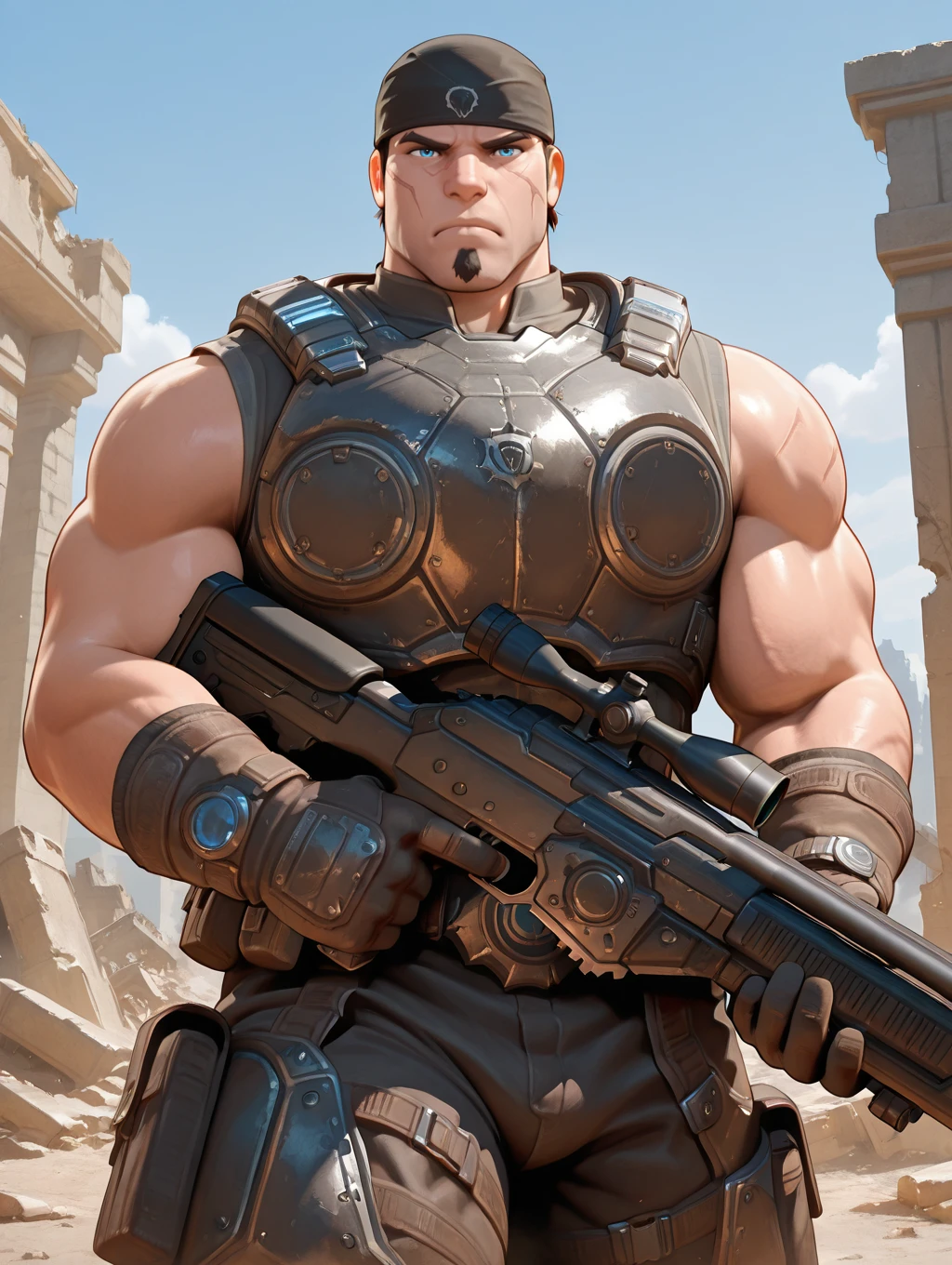 <lora:OG_Marcus_Fenix_IL:0.97> ogmarcusfenix, black bandana, sleeveless armor, muscular, bara, chubby, goatee, scar on face, blue eyes, cowboy shot, frown, looking at viewer, gloves, ruins, holding sniper rifle, sniper rifle, trigger discipline, masterpiece, best quality