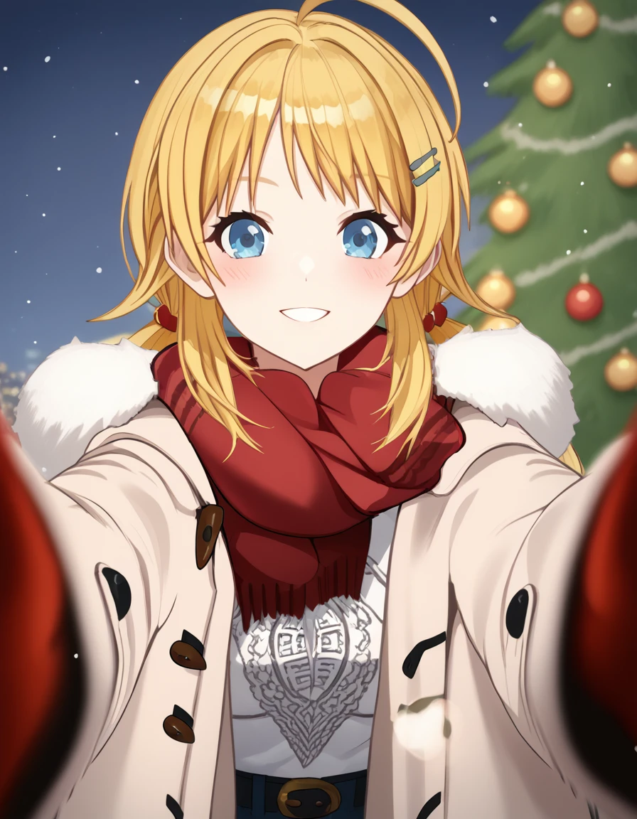score_9, score_8_up, score_7_up, source_anime, <lora:meguru-hachimiya-s2-ponyxl-lora-nochekaiser:1>, meguru hachimiya, long hair, bangs, blue eyes, blonde hair, hair ornament, twintails, ahoge, hairclip, large breasts,, <lora:pov-cheek-warming-ponyxl-lora-nochekaiser:1>, pov cheek warming, pov cheek warming (meme), winter gloves, duffel coat, fur-trimmed scarf, winter clothes, red mittens, meme, winter coat, red scarf, fur-trimmed coat, reaching towards viewer, reaching, mittens, fur-trimmed hood, white coat, open coat, scarf, coat, red gloves, snowing, pov, fur trim, depth of field, smile, blush,, christmas, christmas tree, christmas lights,, , dutch angle, cowboy shot