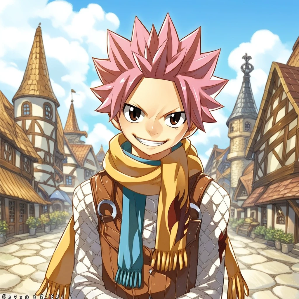 HiroMashima, 1boy, ((natsu_dragneel)), male_focus, fairy_tail, solo, spiked_hair, scarf, smiling, BREAK, medieval fantasy town background, score_9, score_8_up, score_7_up, masterpiece, best_quality