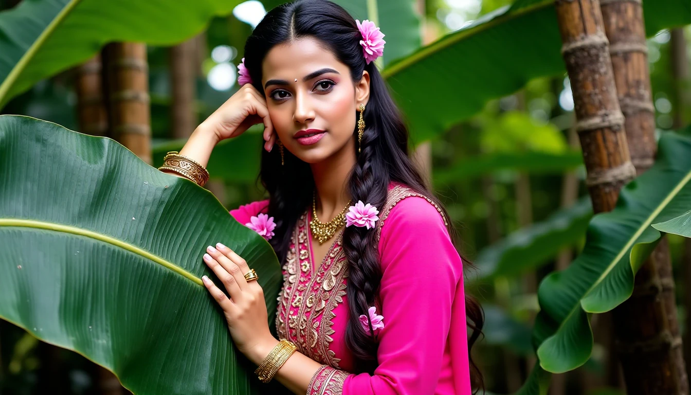 meencohwx , with long, dark hair styled in intricate braids adorned with pink flower garlands.  Intricate flower detailing forms a part of a vibrant pink outfit, resembling a traditional, ornate blouse.  Gold jewelry, including a substantial cuff and ring, complements the ensemble.  A contemplative expression with a focused gaze, hints at thoughtful introspection.  She is positioned slightly angled, leaning against a large, glossy, wet banana leaf.  The tropical setting is vibrant, with lush greenery and soft dappled sunlight filtering through the foliage causing a soft, diffused lighting. The backdrop includes various greenery creating a natural frame around her figure. The banana leaf, positioned in the foreground, adds depth and texture to the composition, highlighting reflective and wet elements that add a depth of field and visual interest. The palette is bold yet refined, with deep greens, vibrant pinks, and hints of gold. The photo style exudes a tropical, artistic mood featuring a suggestive boho-chic and ethnic vibe.  Portrayal is somewhat intimate, capturing a serene, serene, tropical mood.  A natural, subdued lighting creates a soft focus, highlighting the subject's expression and attire.