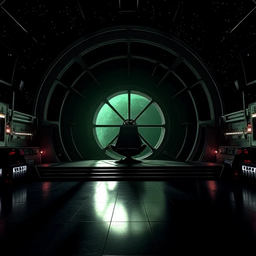 Imagine an image in the style of cinematic photorealism depicting the Emperor's Throne Room aboard the second Death Star. A vast, circular window overlooks the distant stars and the partially constructed Death Star, with the green glow of the superlaser array faintly visible. The room is dimly lit, casting long, ominous shadows over the glossy black floors and metallic walls. The Emperor's imposing throne sits atop a raised platform, surrounded by glowing consoles, with the faint hum of Imperial technology filling the air.