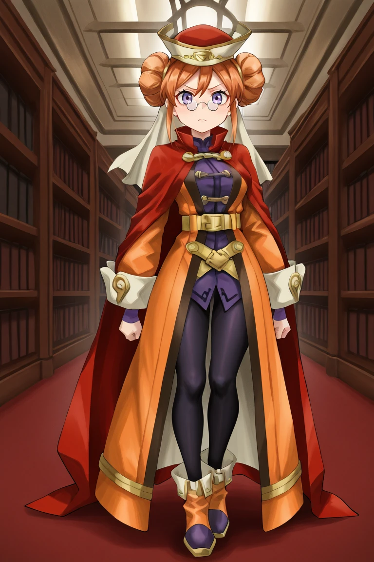 <lora:EudyIL:0.8>, eudef, 1girl, purple eyes, orange hair, double bun, doughnut hair bun, (pince-nez glasses), red cape, hat, veil, black leggings, orange coat, shirt under coat, purple shirt, yellow belt, purple shoes, closed mouth, frown, library, interior, bookshelves, looking at viewer, full body, solo, masterpiece, very aesthetic, absurdres, best quality, amazing quality, high resolution, detailed background, <lora:illustrious_quality_modifiers_masterpieces_v1:0.8> ,