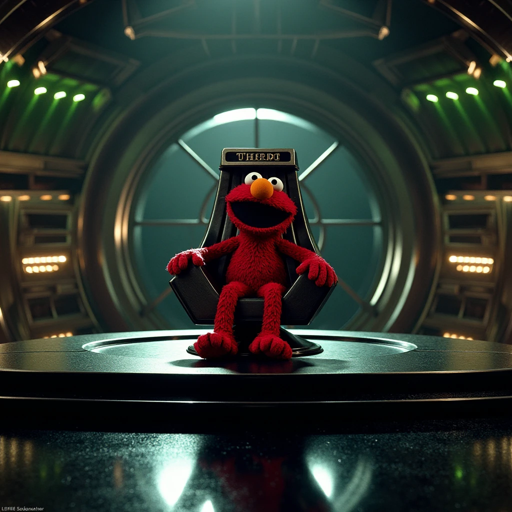 Imagine an image in the style of cinematic photorealism where Elmo, dressed as Emperor Palpatine, presides over the Throne Room from his raised platform. The room’s monumental architecture, with its sweeping metallic arches and colossal circular window, dwarfs the bright red figure seated in the throne. The green glow of distant lasers reflects faintly on the glossy black floor as Elmo’s mischievous expression contrasts humorously with the grand setting.