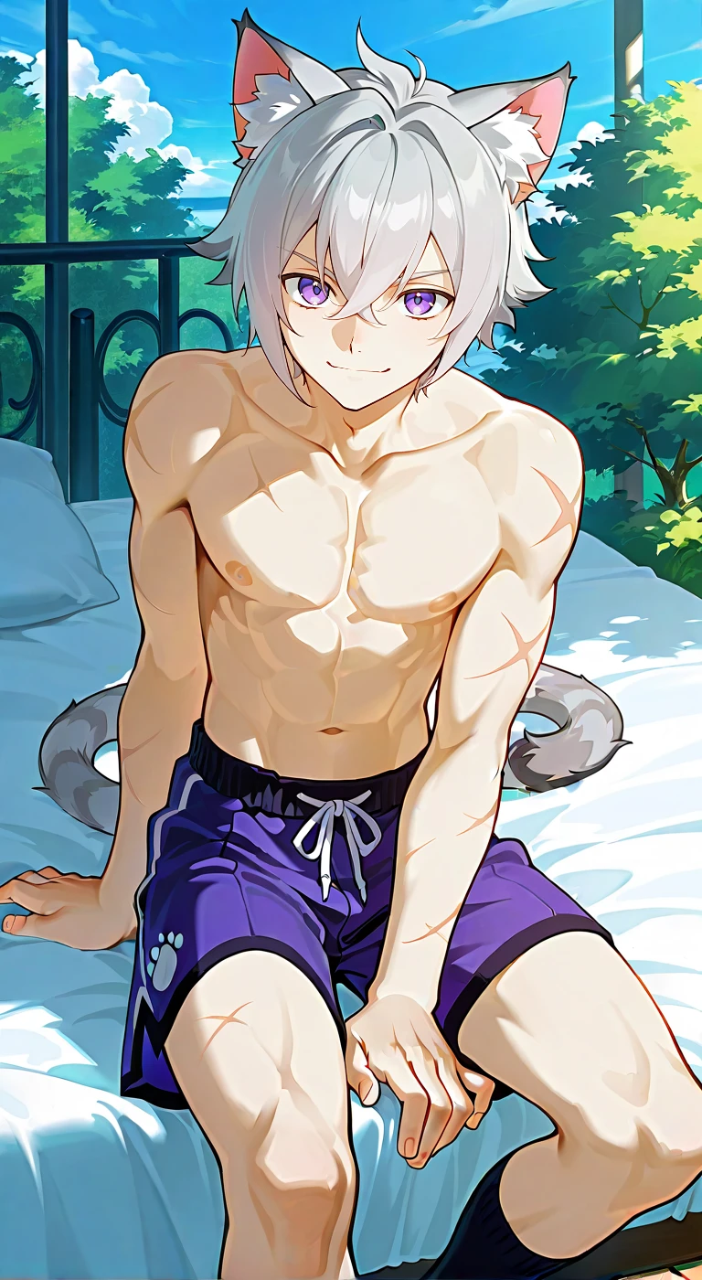 , White and blue fur, Shota, blue eyes, Messy hair, White hair, short hair, masterpiece, Very detailed,，Shirtless，独奏，Sitting，Open your legs，，Looking at the camera，By the pool，Wolf&#39;s facial features，Blue hair，Wolf paw，Wolf Tail，Happy expression，Blue ears，Abdominal muscles，Tights，Blue swimming trunks