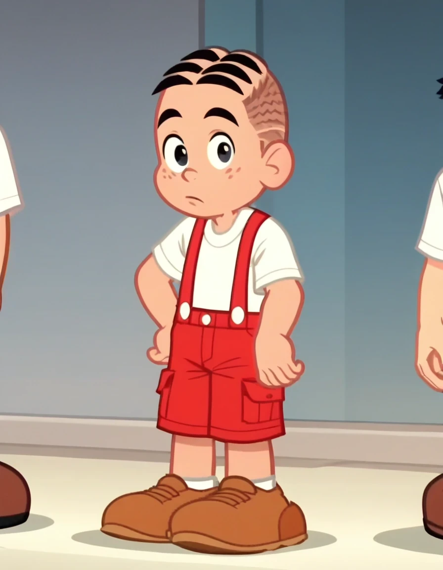 ManezinhoTDM, shirt, black hair, 1boy, black eyes, white shirt, shoes, pants, red suspenders, brown footwear, red shorts, solo, screencap