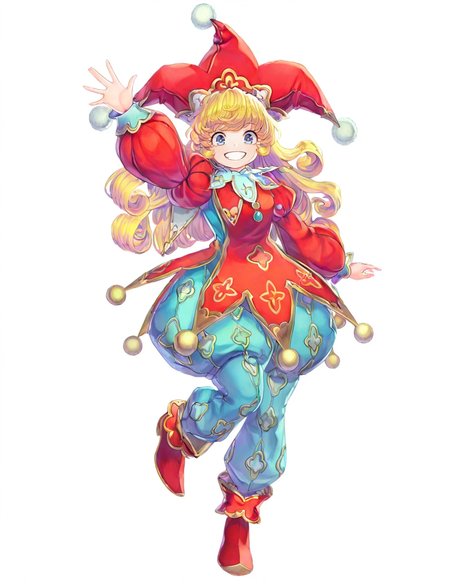 <lora:GAME_STYLE_Echoes_of_Mana_IL:1>,
airbrush \(medium\),
BREAK
1girl,solo,blonde hair,hat,smile,long hair,white background,simple background,blue eyes,curly hair,jester cap,full body,grin,looking at viewer,long sleeves,waving,pom pom (clothes),red headwear,puffy sleeves,red footwear,puffy long sleeves, ,masterpiece, best quality,