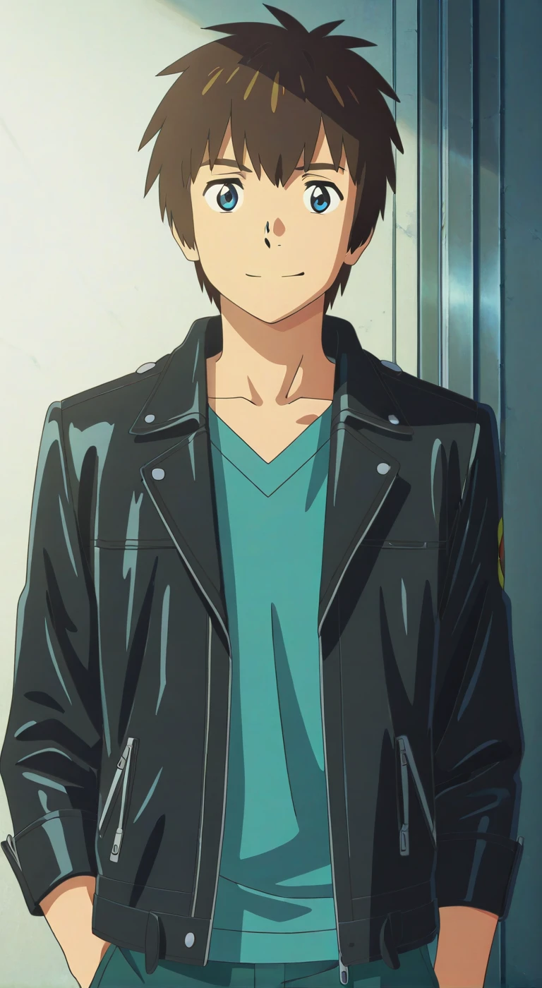 score_9, score_8_up, score_7_up, source_anime, highres, (masterpiece, best quality, (anime, anime coloring:1.3),1boy,solo,male focus,Anime screencap,tachibana taki,brown hair,blue eyes,smile,leather jacket,white t-short,laeather pants