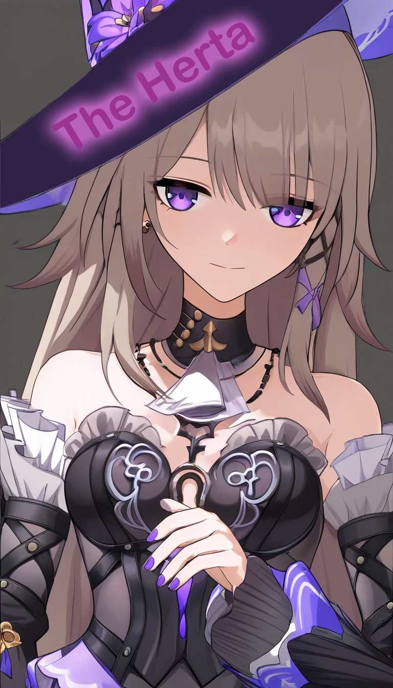 (best quality,8K, masterpiece,simple background,none background :1.3),anime,The Herta, 1girl, young,solo,hat,purple eyes,closed mouth,long hair, detached sleeves, earrings,clevage,medium breasts,standing, necklace, keyhole on chest,nail polish,upper body