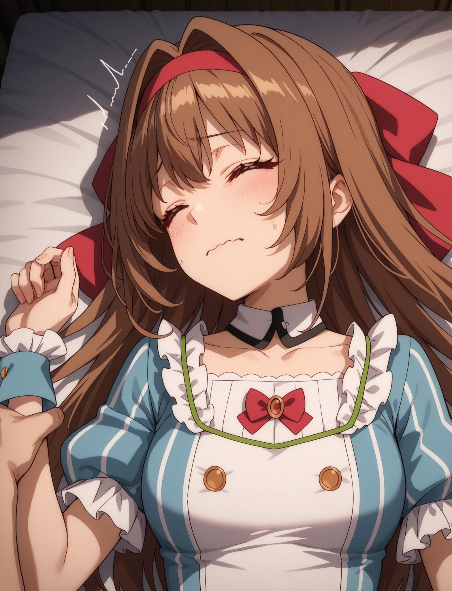 masterpiece, best quality, newest, absurdres, highres, screencap, 1girl, <lora:redo-keara_keyaru_mtf_ILL_epoch_10:1.0>,
redo-keara, red eyes, brown eyes, long hair, brown hair, hair intakes, 
keara-dress, headband, puffy sleeves, striped, short sleeves, dress, ribbon, bow, wrist cuffs, 
on back, bed, closed eyes, scared, motion lines, dark room, from above, head tilt, facing to the side, 
pov, pinned, wavy mouth, grabbing another's arm,