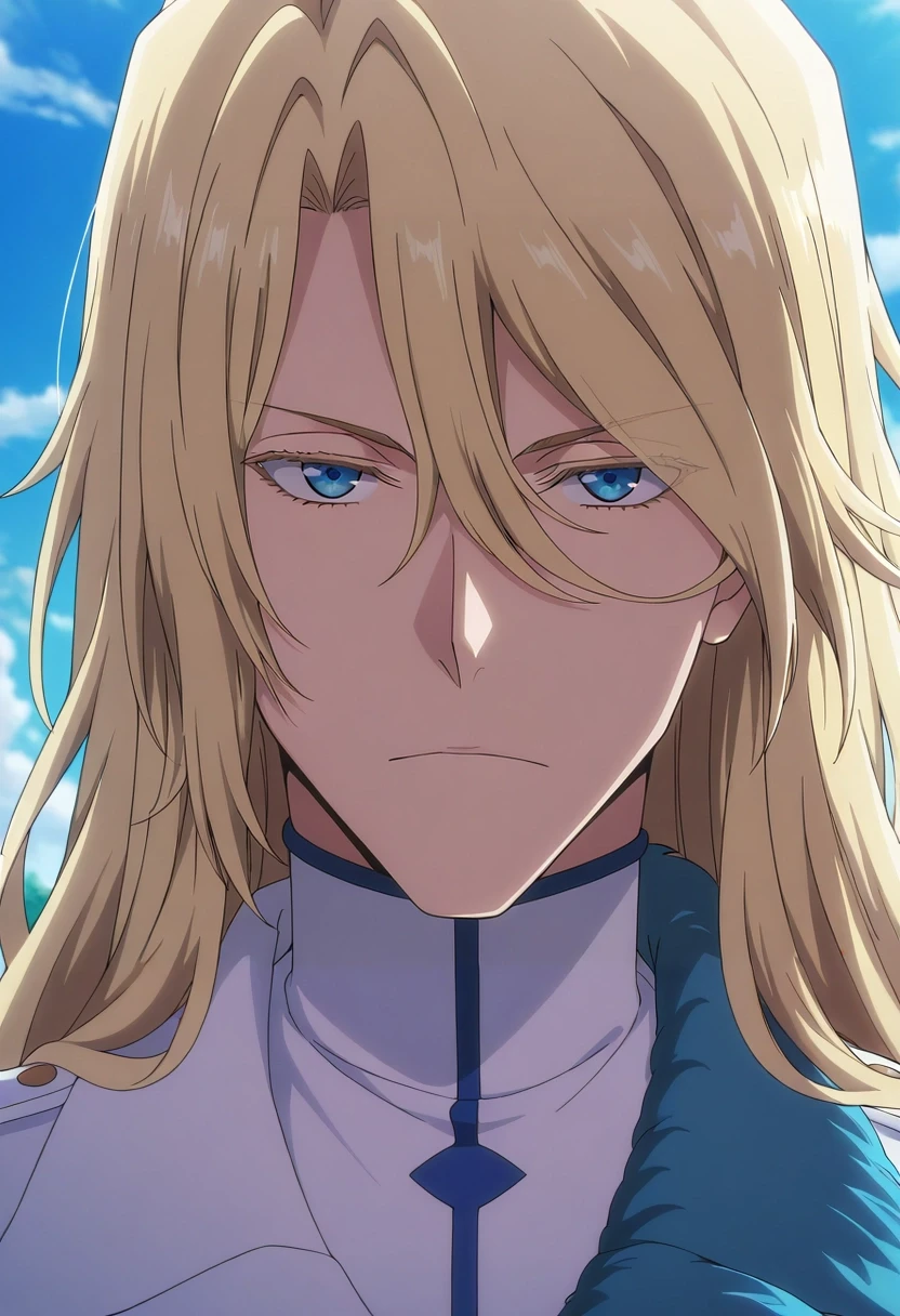 masterpiece, best quality, intricate details, anime screencap, , , looking at viewer, , 1boy, solo, male focus, <lora:jugram_haschwalth_ilxl:0.9>, jugram_haschwalth, blonde hair, blue eyes, long hair, hair between eyes, bangs, , ,