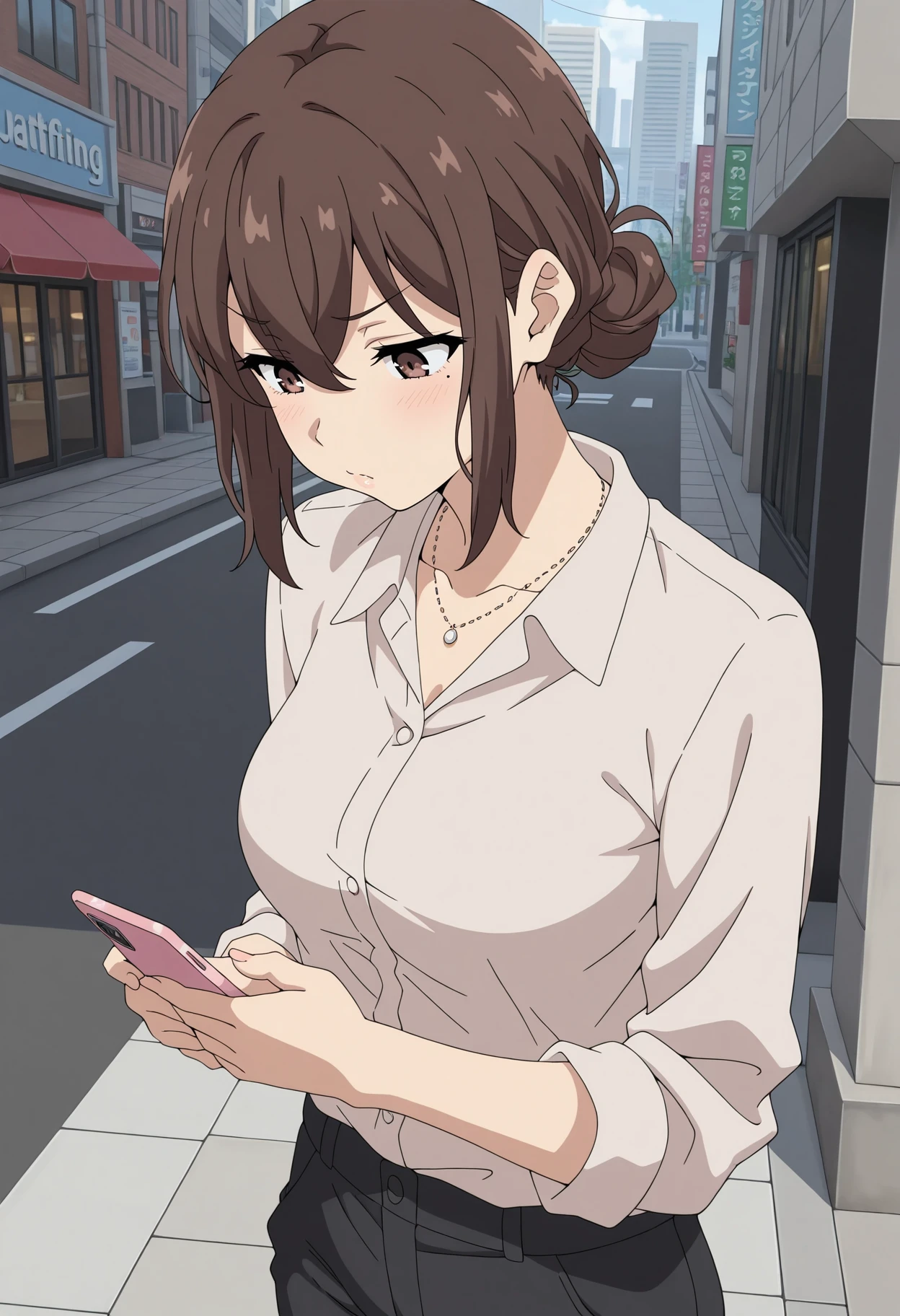 masterpiece, best quality, amazing quality, <BREAK> 1girl, solo,
<lora:Fumika_Nanjou_Bunny_Senpai_IL_V1:1>, KJOfumika, brown hair, brown eyes, hair between eyes, single mole under eye, low hair bun, pink lips, 
necklace, dress shirt, black pants,
dutch angle, looking down, holding phone, texting, pout, blush, 
outdoors, city, street,
(Beautiful, medium Breasts:1.2),