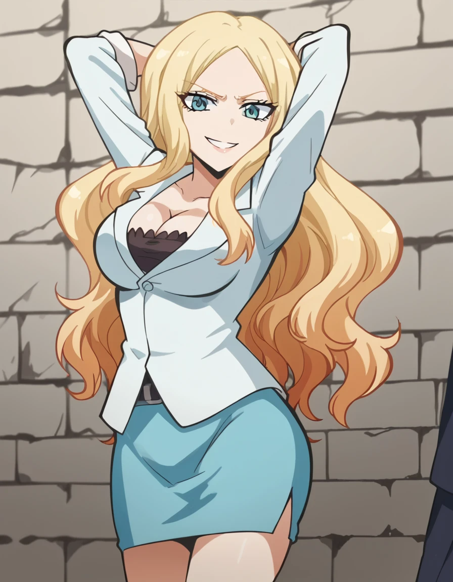 score_9, score_8_up, score_7_up, source_anime, <lora:irina-jelavic-s1s2-ponyxl-lora-nochekaiser:1>, irina jelavic, long hair, blonde hair, large breasts, anime screencap,, skirt, shirt, cleavage, miniskirt, formal, suit,, prison cell, bars, bed, stone walls, isolation, smile, <lora:mememe-dance-ponyxl-lora-nochekaiser:1>, mememe dance, me!me!me! dance (meme), dancing, ass shake, arms up,, looking at viewer, solo,, dutch angle, cowboy shot