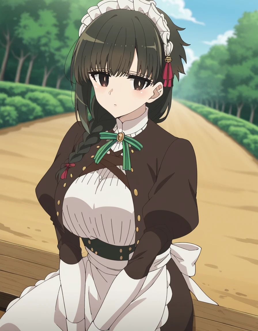 score_9, score_8_up, score_7_up, source_anime, <lora:kimimeido-yuki-s1-ponyxl-lora-nochekaiser:1>, kimimeido yuki, long hair, black hair, hair ornament, braid, black eyes, single braid, white pupils, large breasts, hair over shoulder, anime screencap,, long sleeves, ribbon, puffy sleeves, apron, maid, juliet sleeves, maid headdress,, dirt road, rural, path, dust, nature, , sitting, head rest, table,, looking at viewer, solo,, dutch angle, cowboy shot