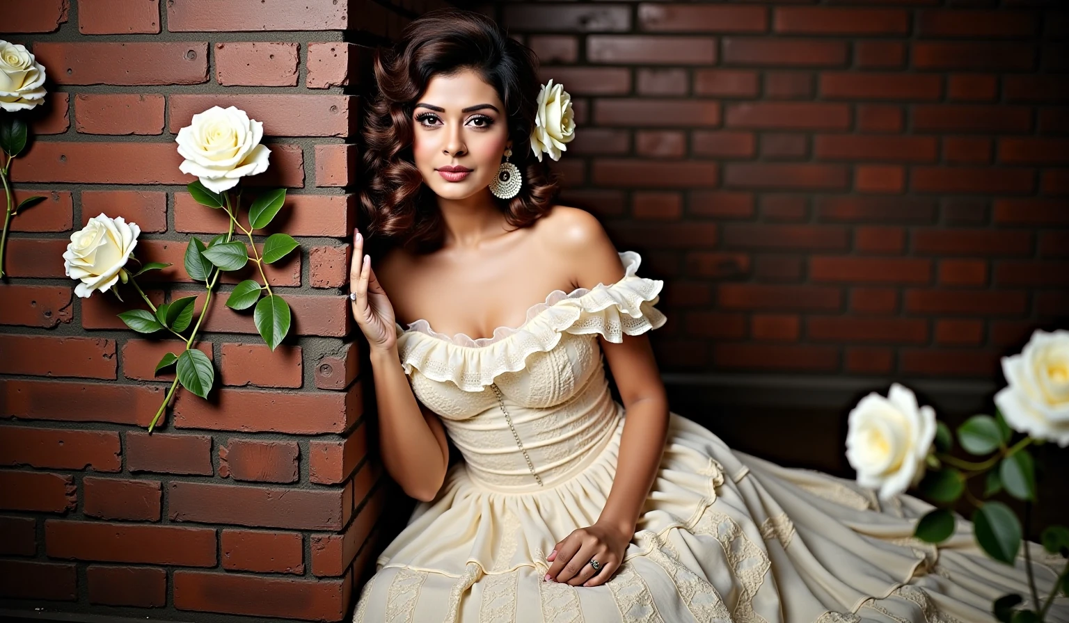 payalrajputukohwx  with voluminous, styled hair, adorned with a profusion of white roses.  Woman's face displays a serene expression, featuring delicate features and full lips.   She wears a full-length, off-the-shoulder dress, styled with lace and a delicate ruffling detail, rich in texture. The dress is detailed, almost romantic, with numerous rose arrangements holding it in place.  Large, dangling earrings with pearl accents adorn her ears, complementing the overall vintage aesthetic.  Her body language is poised and graceful, leaning slightly against a brick wall.  The background consists of a brick wall, contrasting with the soft tones of the roses. The scene is bathed in soft light, creating a romantic and nostalgic atmosphere.  The overall style suggests a classic, vintage portrait but rendered with a dramatic, somewhat ethereal quality.   The composition is centered on the woman, with the roses framing her, creating a soft focus effect. 
