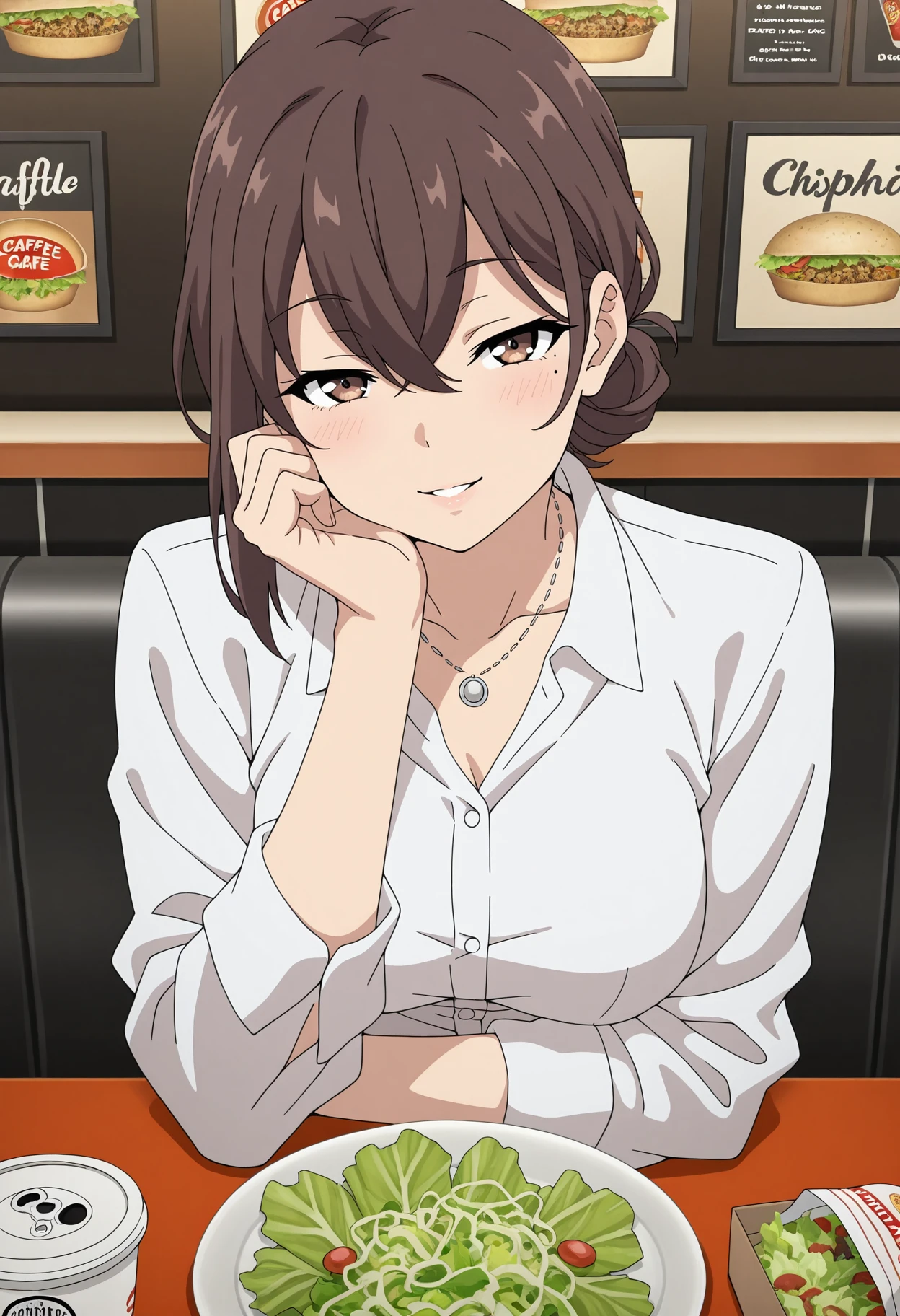 masterpiece, best quality, amazing quality, <BREAK> 1girl, solo,
<lora:Fumika_Nanjou_Bunny_Senpai_IL_V1:1>, KJOfumika, brown hair, brown eyes, hair between eyes, single mole under eye, low hair bun, pink lips, 
necklace, dress shirt,
POV, pov across table, headrest, blush, seductive smile, parted lips, salad, 
chipotle, fast food, cafe, 
(Beautiful, medium Breasts:1.2),