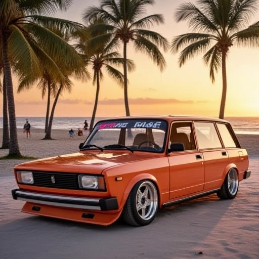 vaz_2104, On a picturesque beach where golden sand meets azure waves, a stunning tuned car is parked proudly. Its vibrant color and aerodynamic design catch the eye of passersby. Surrounding the car are tall palm trees, their leaves gently swaying in the breeze. In the distance, the sunset paints the sky in warm shades of orange and pink. The sound of the sea can be heard in the background, while people relax on the beach, enjoying the atmosphere of a summer evening  <lora:vaz-2104-1-56-3024:1>