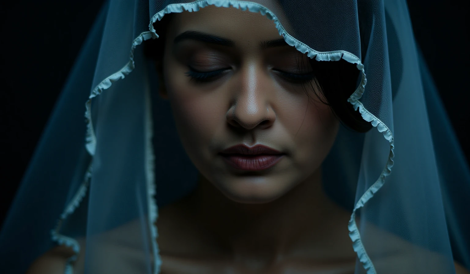 portrait of payalrajputukohwx , with a veil draped over her face.  Delicate, translucent veil, with visible rips and texture, obscures the face, creating a sense of mystery and melancholy.  Subtle, almost ethereal lighting highlights the contours of the woman's face and neck.  Portrait orientation, close-up view showcasing delicate features.  Soft focus on the woman's face, while the veil's texture and rips are more sharply defined.  The expression is melancholic, almost contemplative, with closed eyes, and a calm, serene posture. Classic photography aesthetic, evocative of old-fashioned portraiture.  Deep blacks and blues accentuate the image.  A sense of vulnerability and grace is pervasive.  Fine detail on the skin's texture.  No visible background elements, emphasizing the subject entirely.  The composition is centered, creating a balanced perspective, with a slight side profile view highlighting the facial features.  A soft, somber mood and atmosphere are evoked, using a classic, vintage style.
