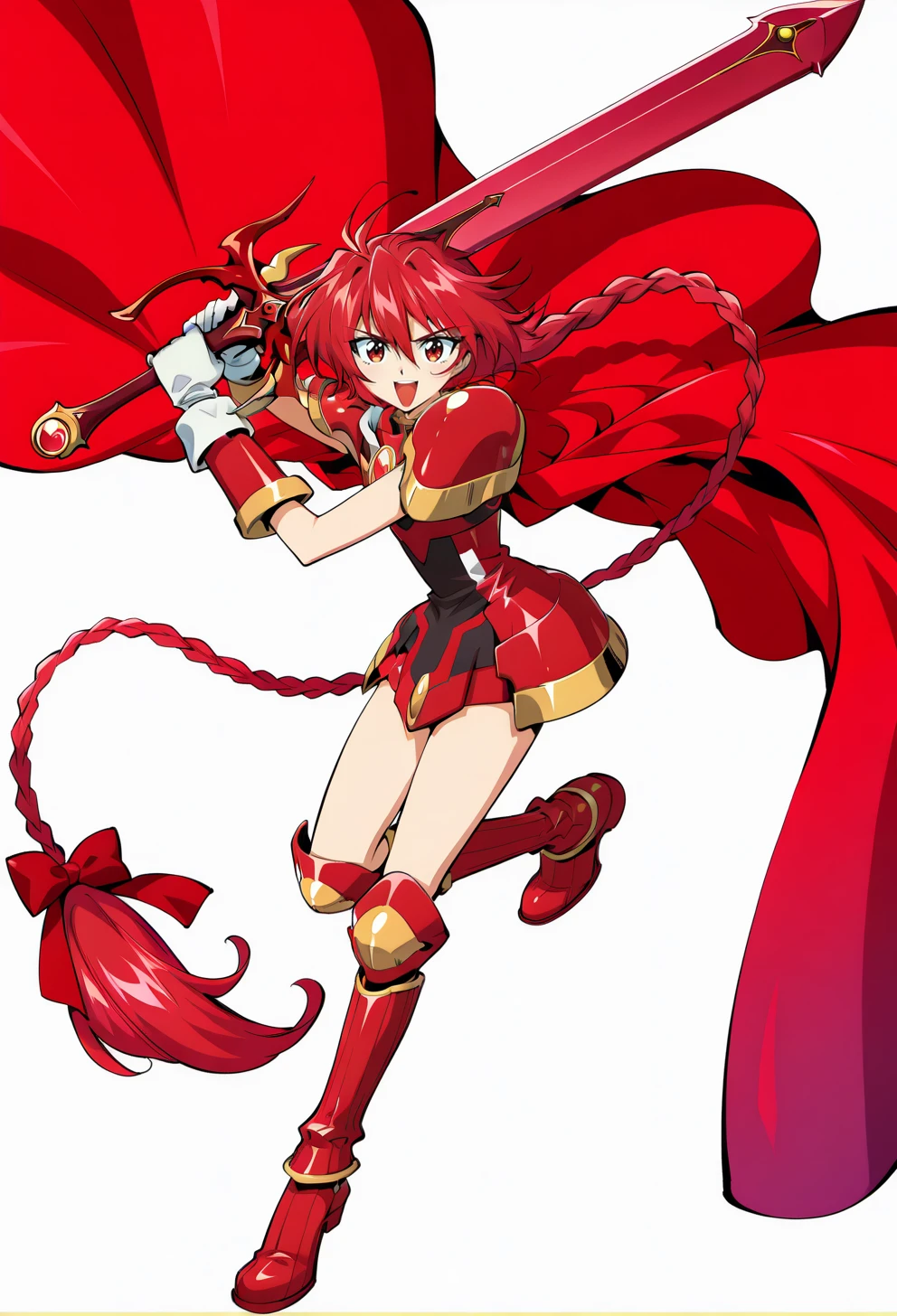 masterpiece, best quality, high quality, anime, <lora:AEHLINK:1.35> AEHLINK, white background, full body, <lora:AEHikaruillx:1>
AEHikaruFinal, red eyes, red hair, braided ponytail, hair between eyes, hair ribbon, long braid, long hair, single braid, armored dress, red armor, red cape, shoulder armor, white gloves, gem, gloves, kneeboots, smile, open mouth, holding sword, red sword,