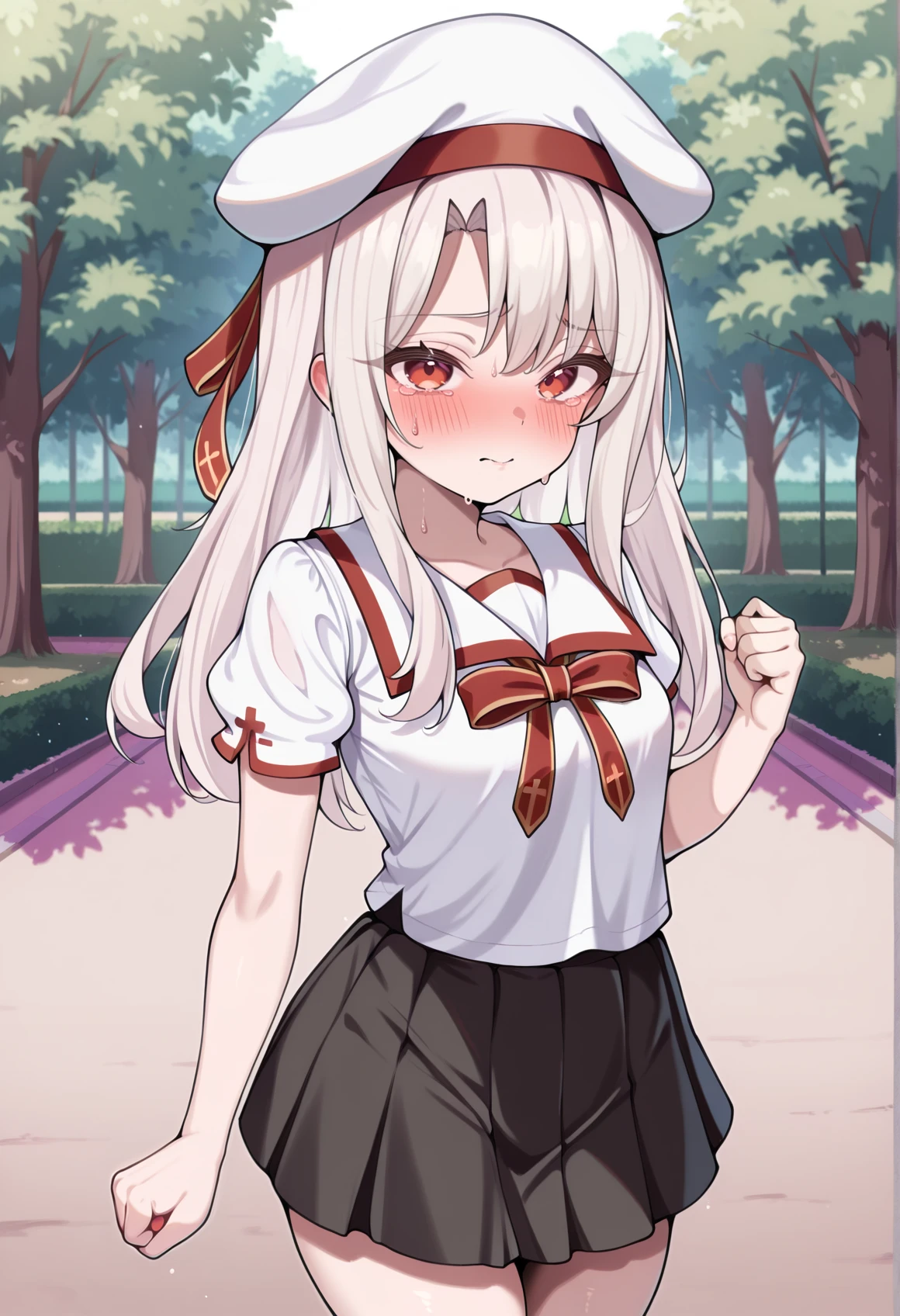 1girl, solo, white hair, red eyes, long hair, homurahara academy school uniform, white shirt, short sleeves, red ribbon, pleated skirt, beret, embarrassed, clenched hand, looking at viewer, outdoors, park, small breasts <lora:Illya_Illus:1>, masterpiece, best quality, amazing quality, very aesthetic, absurdres, highres, newest