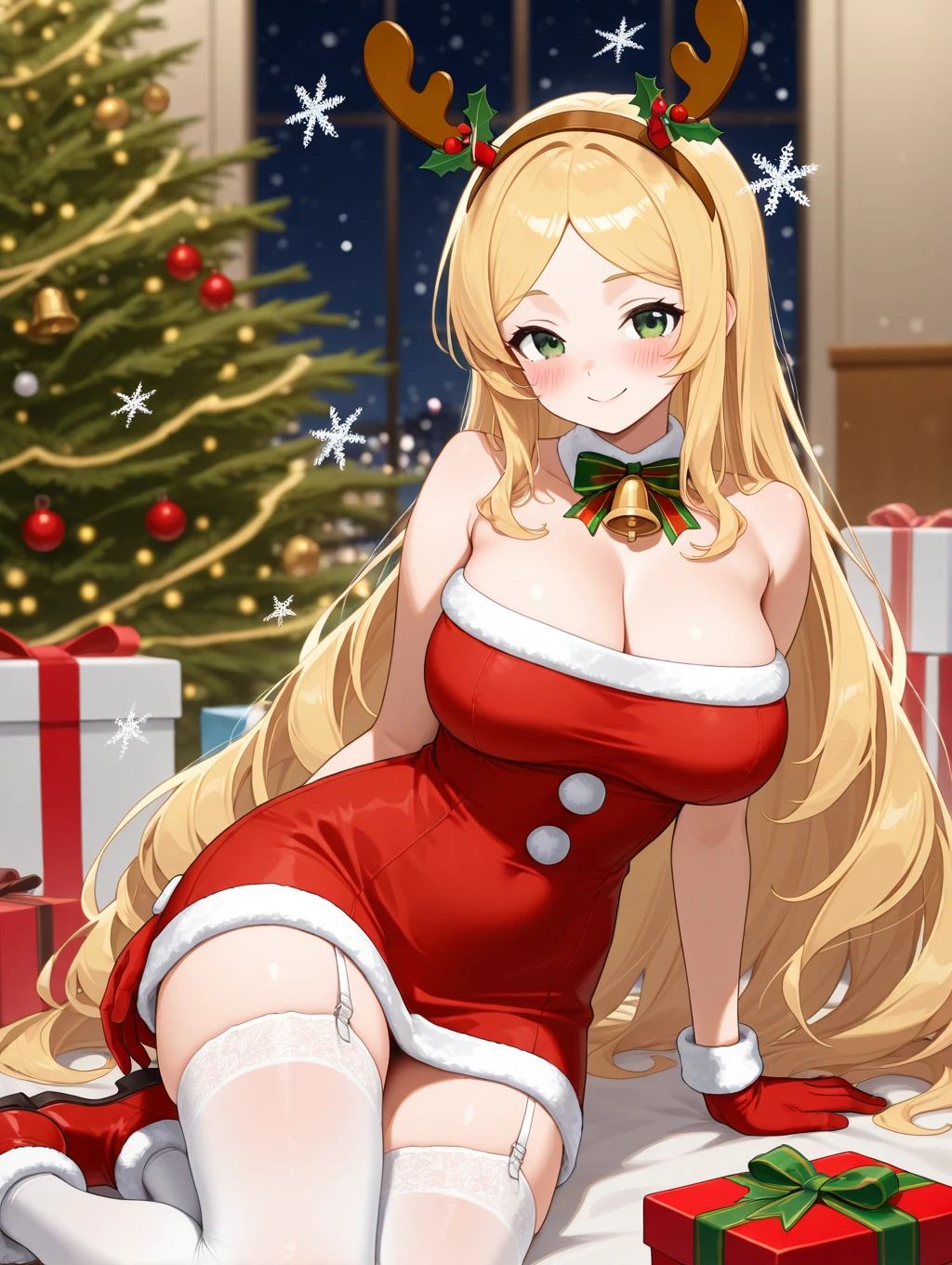 lapice, 1girl, solo, long hair, looking at viewer, blush, smile, blonde hair, large breasts, thighhighs, gloves, dress, cleavage, very long hair, green eyes, white thighhighs, fur trim, bell, detached collar, garter straps, red dress, red footwear, box, christmas, gift, santa costume, gift box, snowflakes, antlers, reindeer antlers, fake antlers

masterpiece, best quality,amazing quality, very aesthetic, absurdres, depth of field, blurry background, extremely detailed face, detailed eyes