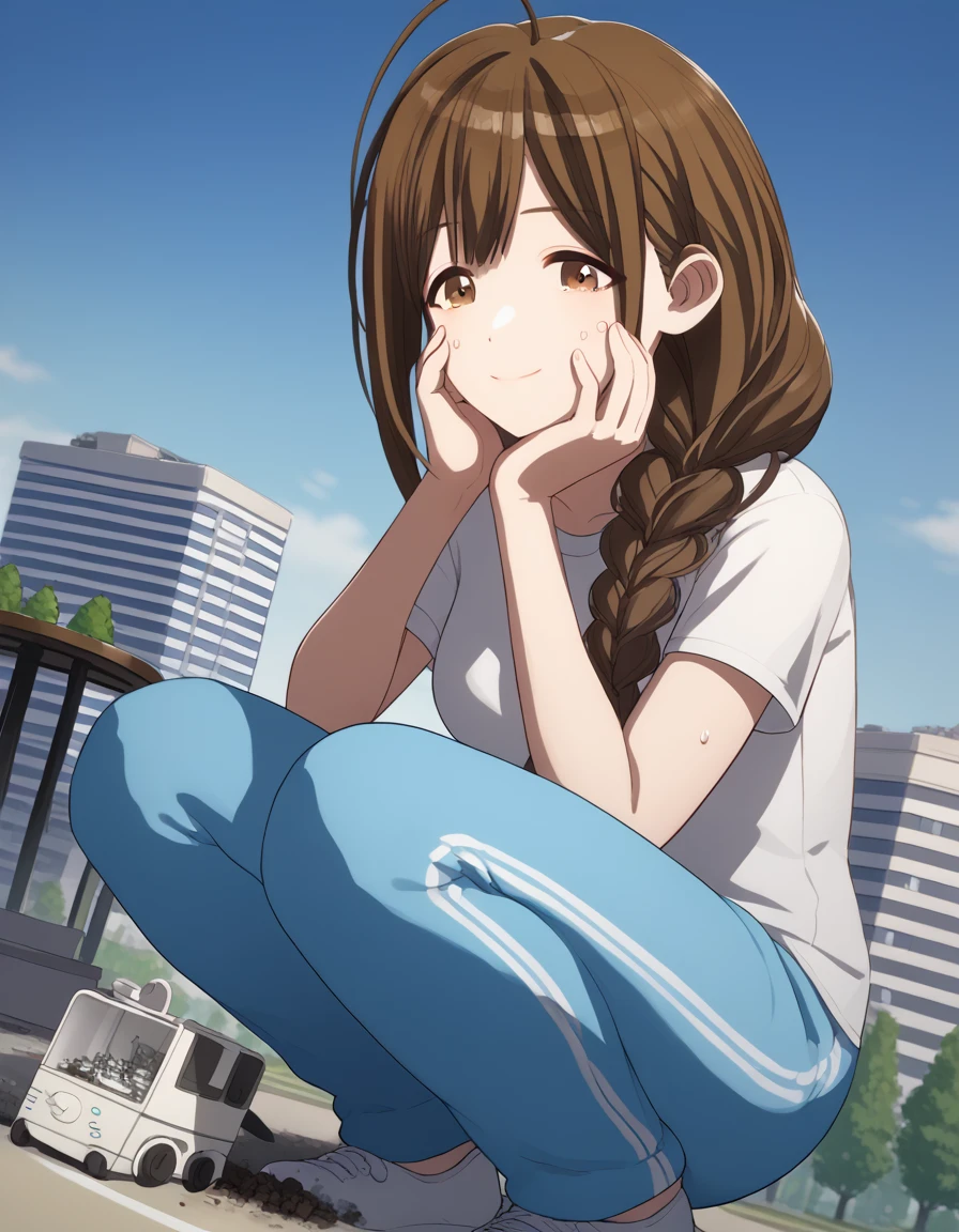 score_9, score_8_up, score_7_up, source_anime, <lora:chiyuki-kuwayama-s2-ponyxl-lora-nochekaiser:1>, chiyuki kuwayama, long hair, bangs, brown hair, brown eyes, braid, ahoge, single braid, hair over shoulder, braided ponytail, medium breasts,, shirt, white shirt, short sleeves, pants, t-shirt, blue pants, track pants, sweatpants,, staff room, table, chairs, coffee machine, relaxation, smile, <lora:giantess-ponyxl-lora-nochekaiser:1> giantess, giant, city, building, outdoors, destruction, sitting, squatting, hands on own cheeks,, looking at viewer, solo,, dutch angle, cowboy shot