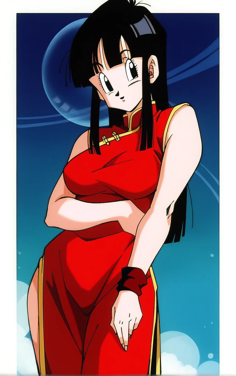 score_9, score_8_up, score_7_up, BREAK
ARTSTYLE_DragonBallZ_ownwaifu,  retro artstyle, 1990s \(style\), 
1girl, black hair, chi-chi \(dragon ball\), black eyes, blunt bangs, blunt sidelocks, china dress, chinese clothes, leg warmers, low-tied long hair, red pants, sleeveless, wristband, breasts, 
(portrait, head tilt, looking at viewer), white border, bokeh, <lora:PONY_STYLE_DragonBallZ_ownwaifu:0.8>, solo,