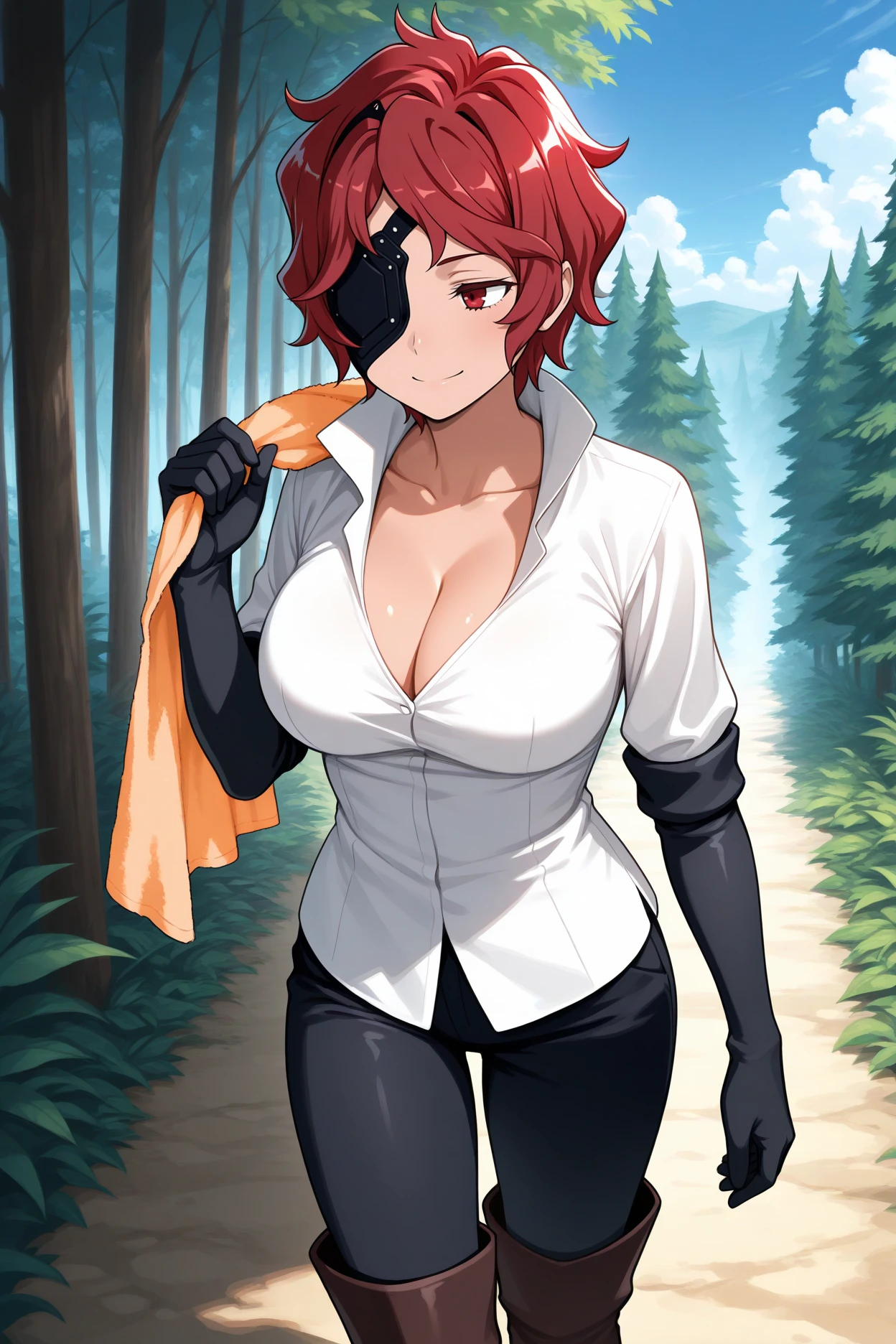 masterpiece, best quality, 1girl, solo,  <lora:hephaestus-illu-nvwls-v1-000005:1> hephaistos, red hair, medium hair, eyepatch, red eyes, white shirt, dress shirt, cleavage, sleeves rolled up, black gloves, elbow gloves, black pants, thigh boots, large breasts, walking, towel over shoulder, forest, blue sky, looking to the side, smile