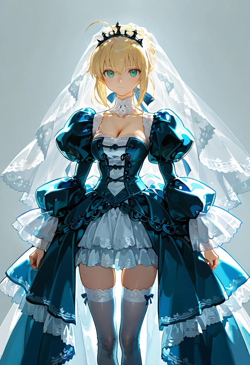 1girl,solo,looking at viewer,ikeda ruriko, bl dress, veil,puffy sleeves,thighhighs, saber_(fate)