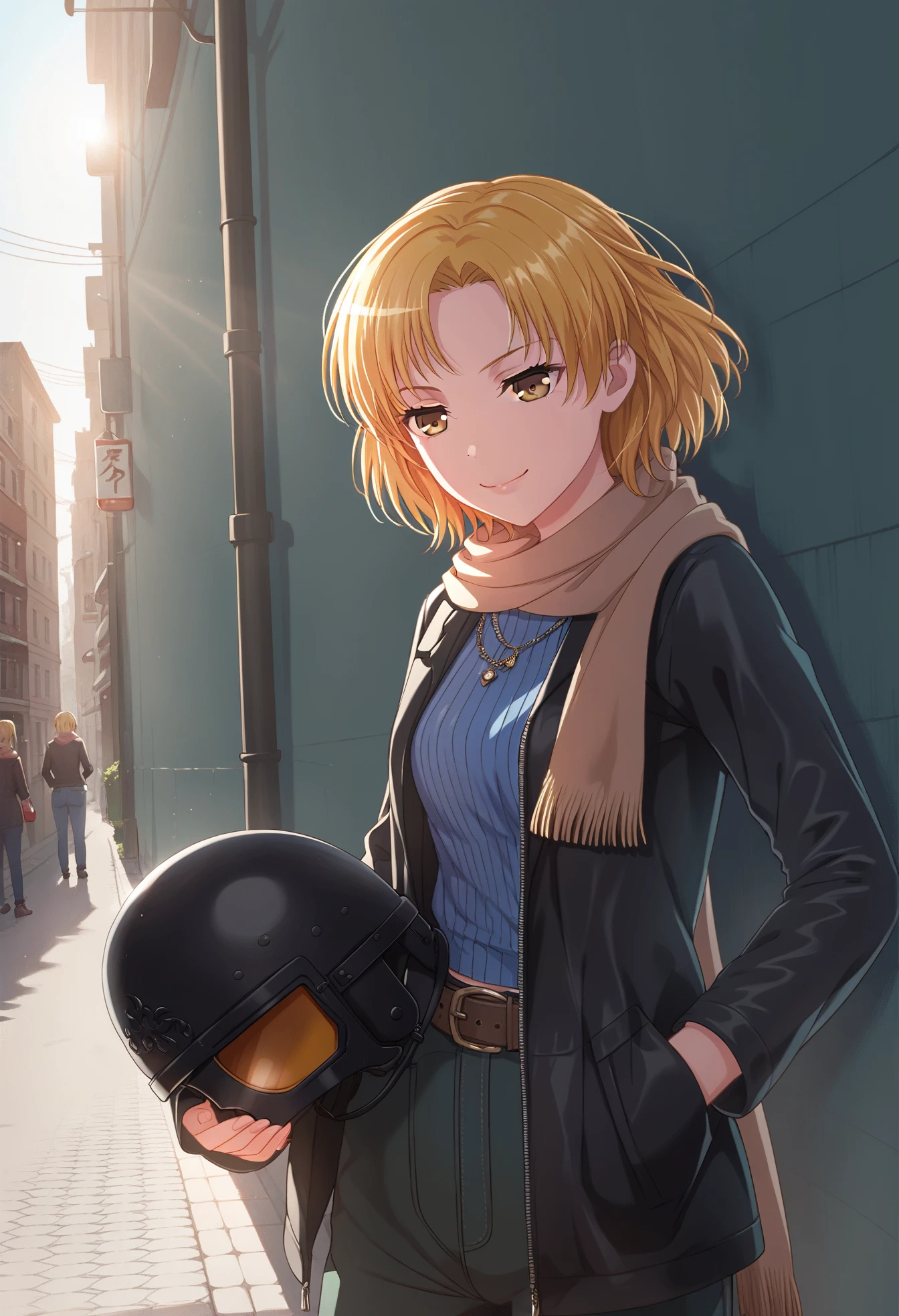 score_9,score_8_up,score_7_up,source_anime,
<lora:MASKING:0.9>,maiden,
MASKING,
NORMAL-M,1girl,solo,pants,scarf,smile,blonde hair,brown belt,belt,helmet,white background,jacket,brown scarf,open clothes,(holding helmet:1.1),open jacket,black jacket,brown eyes,jewelry,blue shirt,closed mouth,yellow eyes,long sleeves,necklace,shirt,standing,
roadside,street,sunshine,afternoon,
(spotlight:1.1),cinematic_angle,1girl,(solo:1.1),