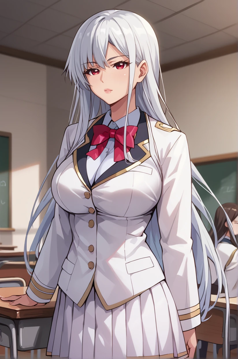 <lora:MiyakoRuriko-09:1> MiyakoRuriko, MRUniform, very long hair, white hair, red eyes, lips, large breasts, pleated skirt, blazer, school uniform, long sleeves, miniskirt, red bow, buttons, brown pantyhose, white skirt, red bowtie, white jacket, shirt, uniform, key light, rim light, classroom, indoors, expressionless,, 8k, masterpiece, absurdes, highly detailed, highres, high quality, best quality, score_9, score_8_up, score_7_up, score_6_up, shiny, shiny skin, shiny hair