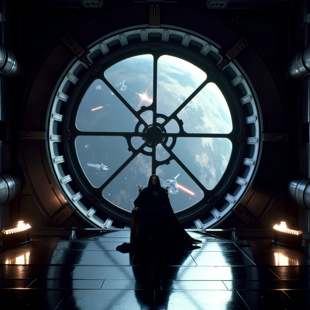 Imagine an image in the style of cinematic photorealism capturing Emperor Palpatine seated on his throne at the apex of an expansive, cathedral-like chamber. Towering beams of metal stretch upward into darkness, framing the massive circular window that reveals a chaotic space battle beyond. The dim lighting creates pools of shadow across the glossy black floors, amplifying the Emperor’s imposing figure as he surveys the scene with cold authority.