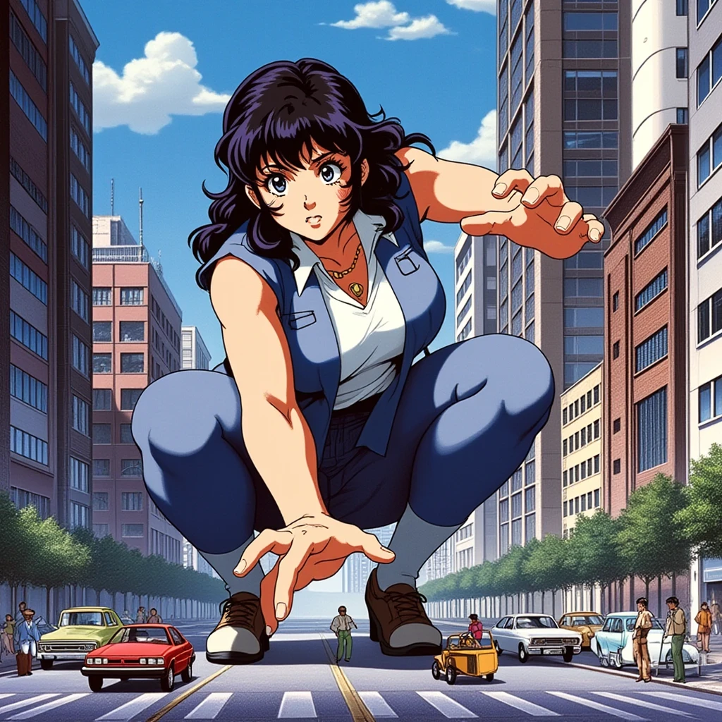 1980s anime screencap, extremely tall giant-sized woman crouching in a city street and stretching out her hand towards the viewer. the surrounding comparatively tiny cars and people and buildings emphasize her giant size.