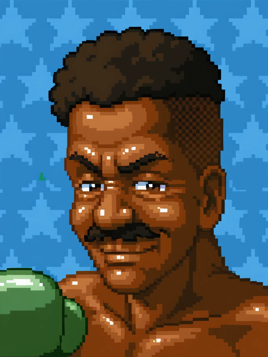 <lora:PonyXL_-_SNES_Super_Punch_Out_Portraits:0.75> super_punch_out_portrait, star_patterned_background, boxing glove, piston hurricane, green boxing gloves, boxing gloves, short mohawk, mustache, smile, smug expression, dark skin, blue background,