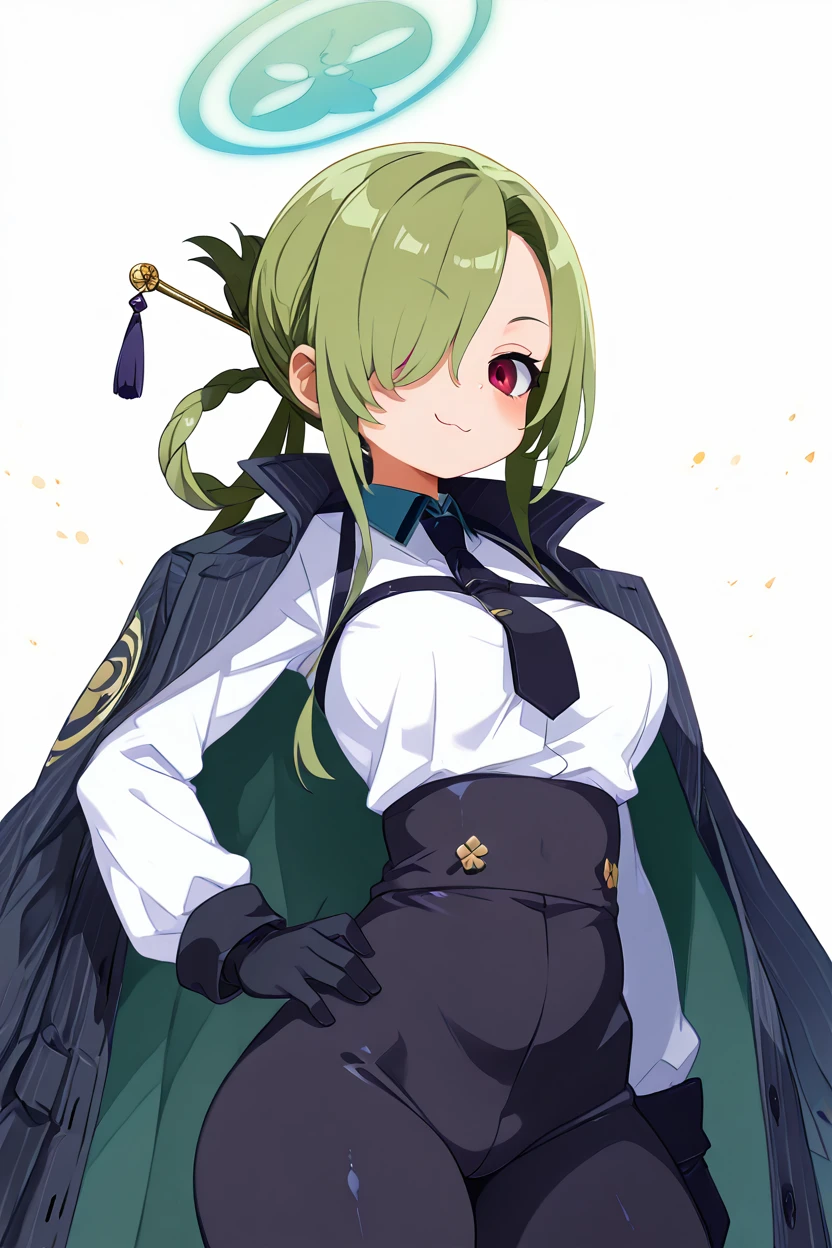masterpiece, best quality, solo, curvy, beautiful eyes, zzMina, long hair, halo, green hair, hair over one eye, red eyes, hair ornament, hair rings, hair stick, black necktie, high-waist pants, white shirt, black gloves, black pants, jacket, long sleeves, coat on shoulders, collared shirt, hair stick, striped coat, <lora:MinaBluearchiveIXL:1.0>, cowboy shot, hand on hip, smug, smile, looking at viewer, shiny skin,<lora:HaradaTakehitoIXL_v3:1.3>, <lora:ZankuroIXLLight_v2:0.6>,