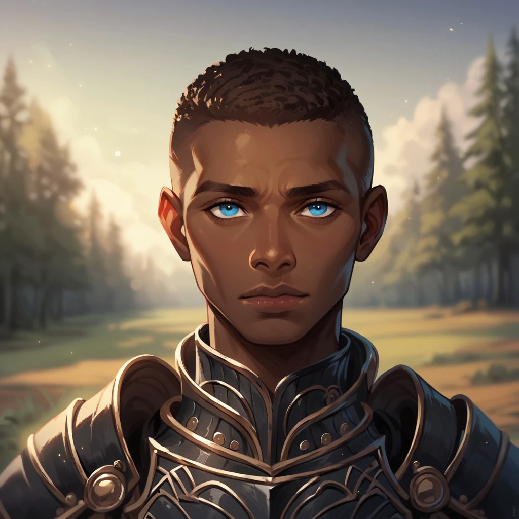 (((detailed, beautiful, high quality))), score_9, score_8_up, score_7_up, upper body,
(depth of field, dynamic lighting),
human,
1 male, african appearance, sky blue eyes, brown hair, black armor,
looking at the viewer, posing,
blurred background, fantasy background, dark background, forest,