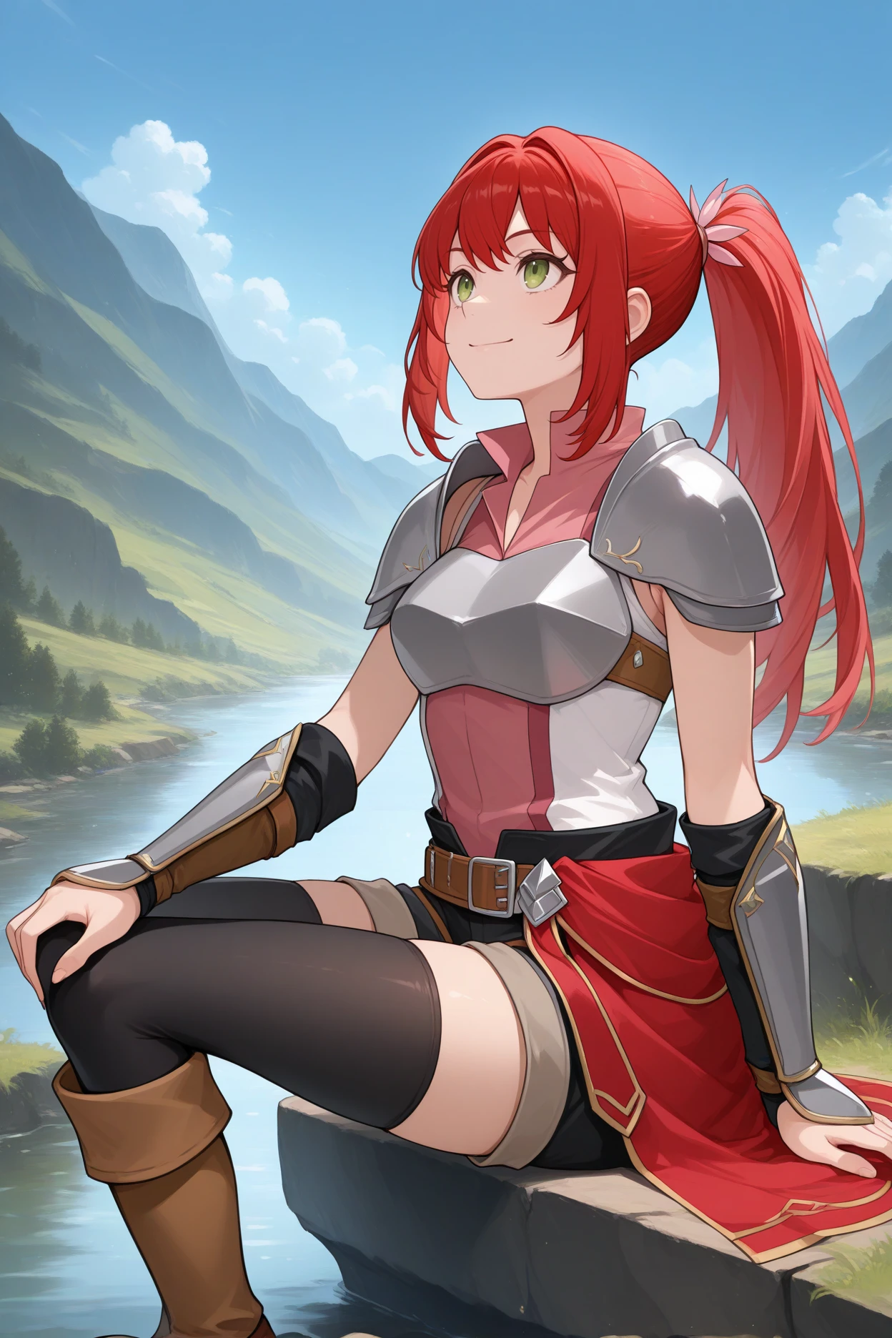 masterpiece, best quality, 1girl, solo, <lora:aliselovell-illu-nvwls-v1-000006:1> alslvl, sidelocks, ponytail, sidelocks, red hair, green eyes, armor, shoulder armor, pink shirt, sleeveless shirt, bracers, belt, black shorts, short shorts, brown belt, red waist cape, black thighhighs, brown boots, sitting, river, looking up, smile, hand on own leg, blue sky, wide shot