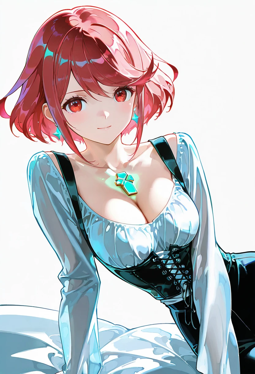 1girl,solo,looking at viewer,ikeda ruriko,underbust corset,cleavage,white shirt, long sleeves, pyra_(xenoblade)