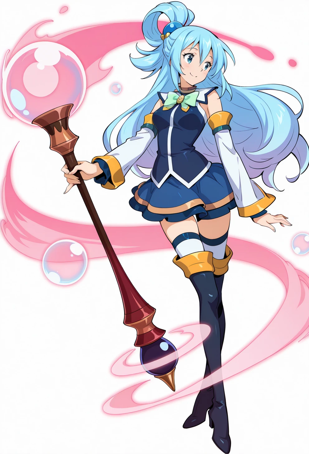 masterpiece, best quality, high quality, anime, <lora:AEHLINK:1.35> AEHLINK, white background, full body, tachi-e, <lora:AEAquaIlx:1> AEAquaDef, blue eyes, blue hair, single hair ring, hair ornament, green bow, blue shirt, sleeveless, detached sleeves, White sleeves, blue skirt, miniskirt, White thighhighs, thighhighs under boots, zettai ryouiki, blue thigh boots, high heel boots, high heels, holding staff, blue bubbles, smile,