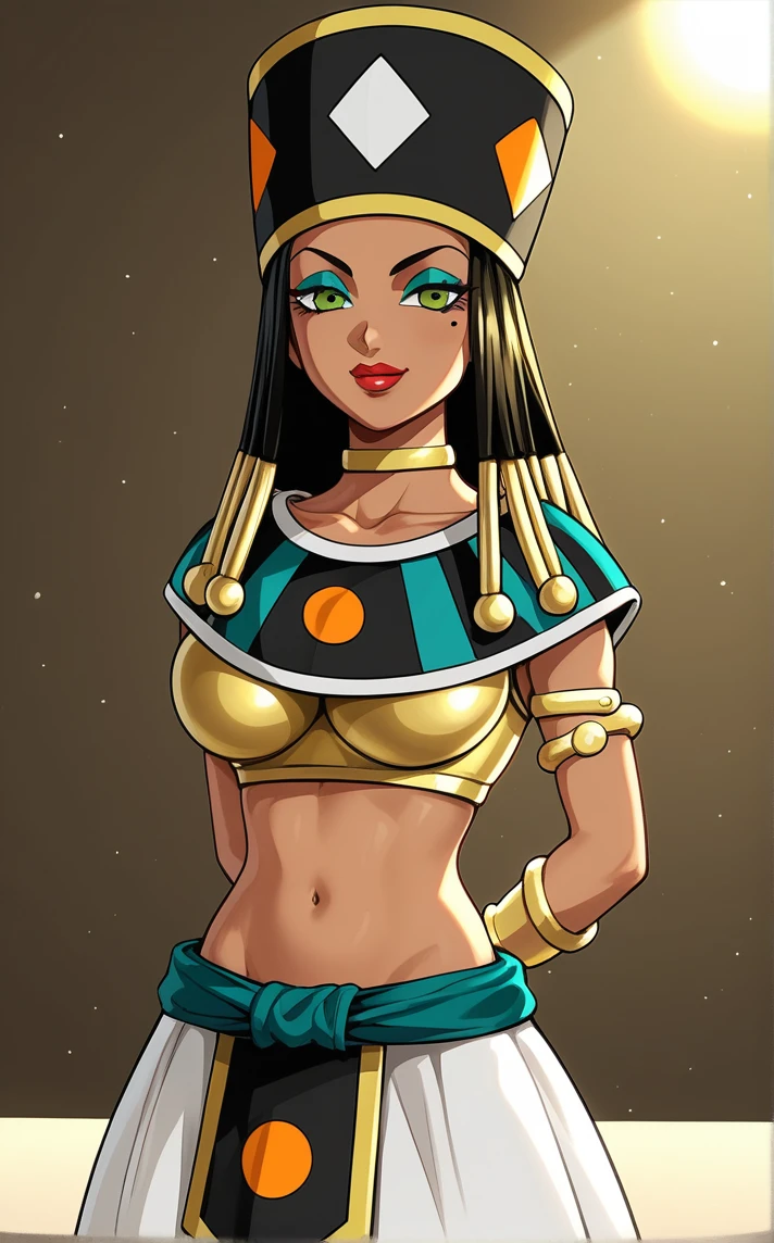 score_9, score_8_up, score_7_up, absurdres,contrapposto, arms behind back, cowboy shot, looking at viewer, backlighting, light smile, light particles, blurry background, depth of field, bloom, gradient background, yellow background, spotlight, <lora:PONYXL_DragonBallSuper_Heles_ownwaifu_r2:1> BREAK MainOutfit_Heles_ownwaifu, 1girl, black hair, dark-skinned female, dreadlocks, eyelashes, green eyes, green eyeshadow, hair tubes, makeup, mole under eye, red lips, thick lips, dark skin, hat, gold, lipstick, jewelry, long hair, midriff, egyptian clothes, armlet, navel, egyptian, breasts, bracelet, bracer, crop top, choker, collarbone, large breasts, black headwear, long skirt, groin, white skirt, armor, braid, neck ring, yellow choker, <lora:add-detail-xl:0.15>,