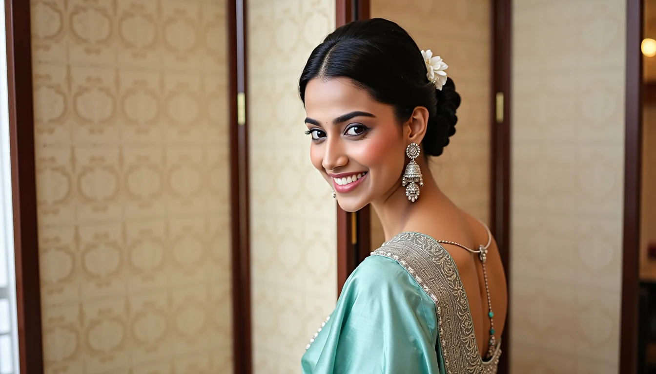 meencohwx , with a light-medium complexion and dark hair styled in a braided updo.  She wears a light teal/turquoise silk saree, featuring a subtle floral pattern and a metallic silver/bronze brocade texture. The saree's drape and pleats are meticulously detailed.  A sleeveless, back-open blouse complements the saree,  accentuated by subtle embellishments.  The blouse has delicate details that match the saree's color and texture.  She wears a delicate white flower hair ornament and silver/gold earrings. Her expression is warm and inviting, a gentle smile showcasing even teeth.  The background is a soft, beige/tan patterned room divider, creating a sophisticated backdrop.  The lighting is balanced, with a soft glow highlighting her features and the details of her attire.  The perspective is a slightly low-angle, focusing on her from a three-quarter view, showcasing her elegant pose and attire.  The overall atmosphere is one of grace and femininity.  The image has a sophisticated,  aesthetic feel, reminiscent of traditional Indian fashion photography.