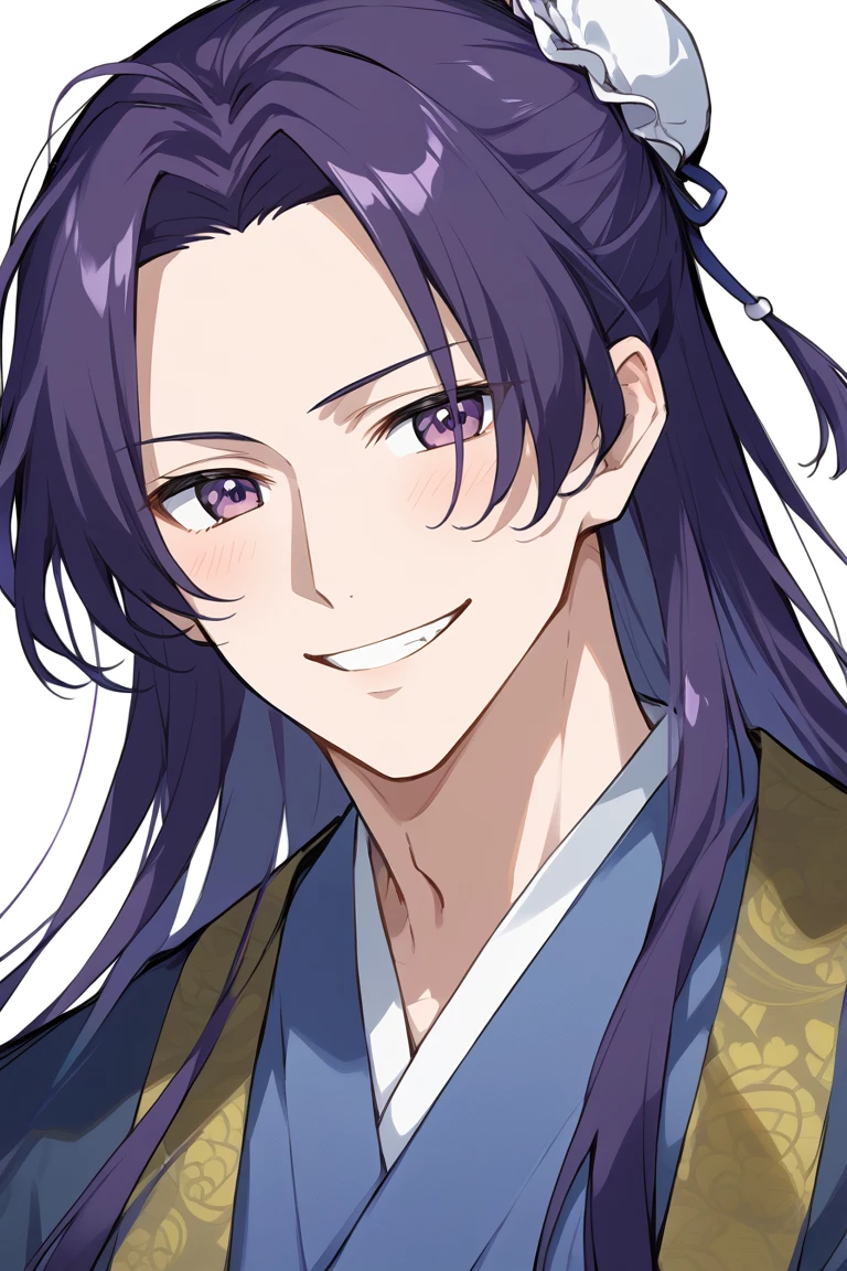 1boy,solo,male focus,jinshi,purple hair,long hair,purple eyes,hair bun,chinese clothes,smile
